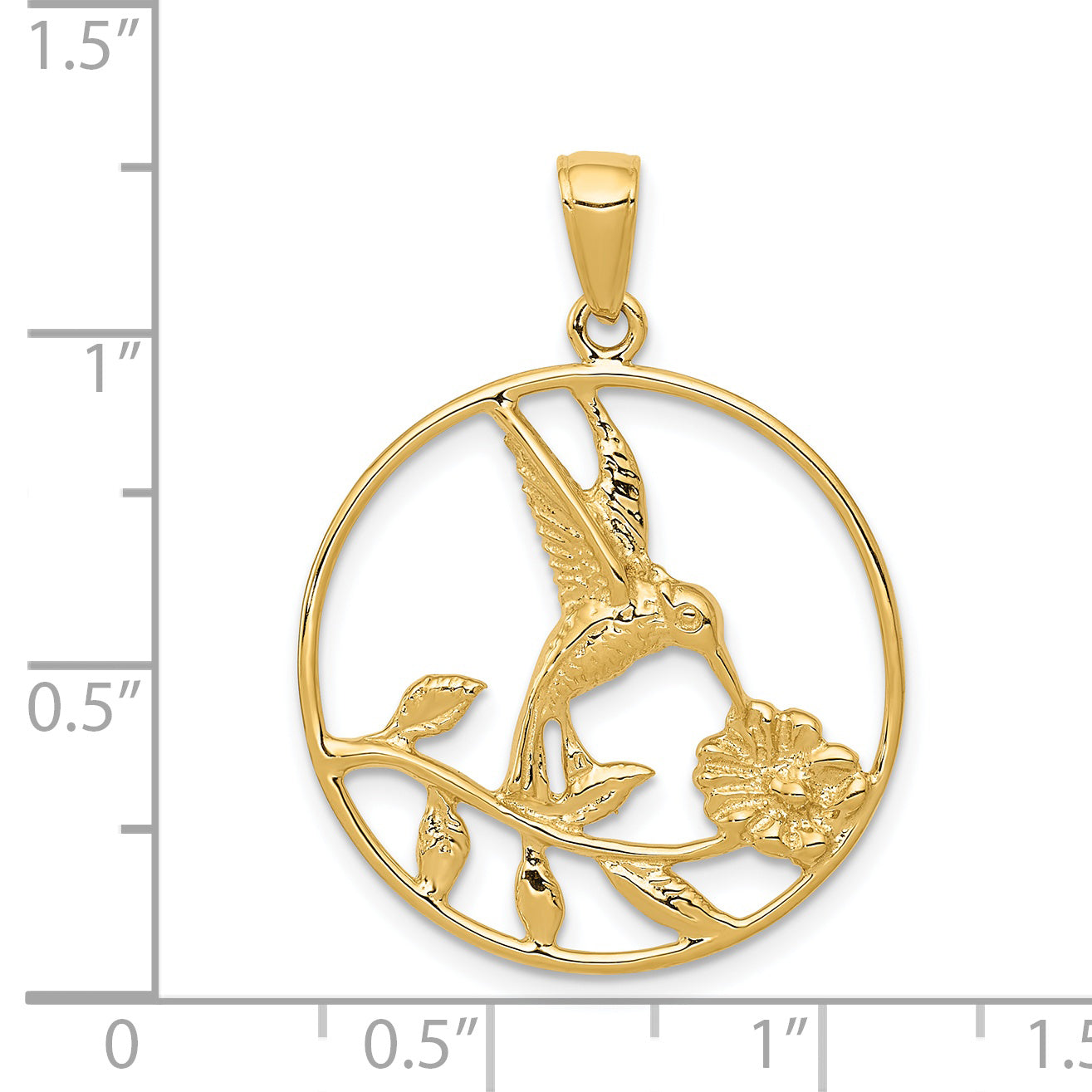 14K Gold Hummingbird Pendant in Polished Round Frame, Elegant and Solid Design