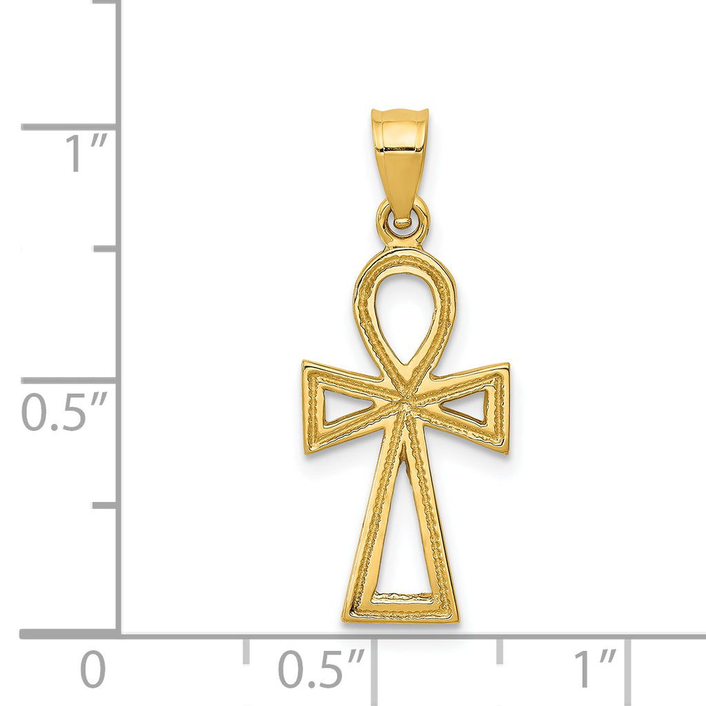 14K Gold Ankh Cross Charm with Polished Finish and Textured Back
