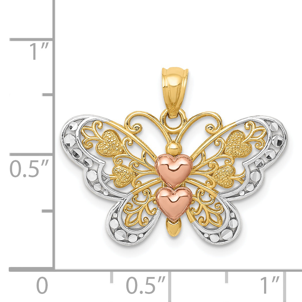 14K Two-Tone Gold Butterfly Pendant with White Rhodium Accents, Polished Finish