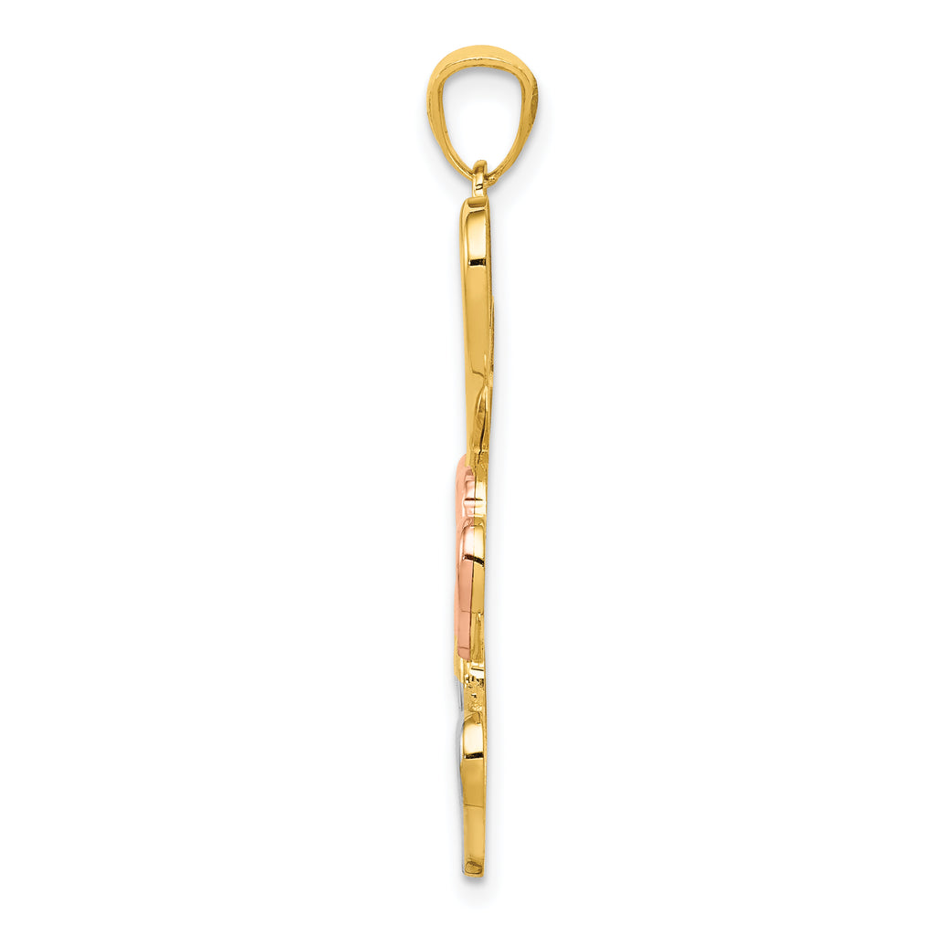 14K Gold Pendant with Rose & White Rhodium Hearts Polished Finish