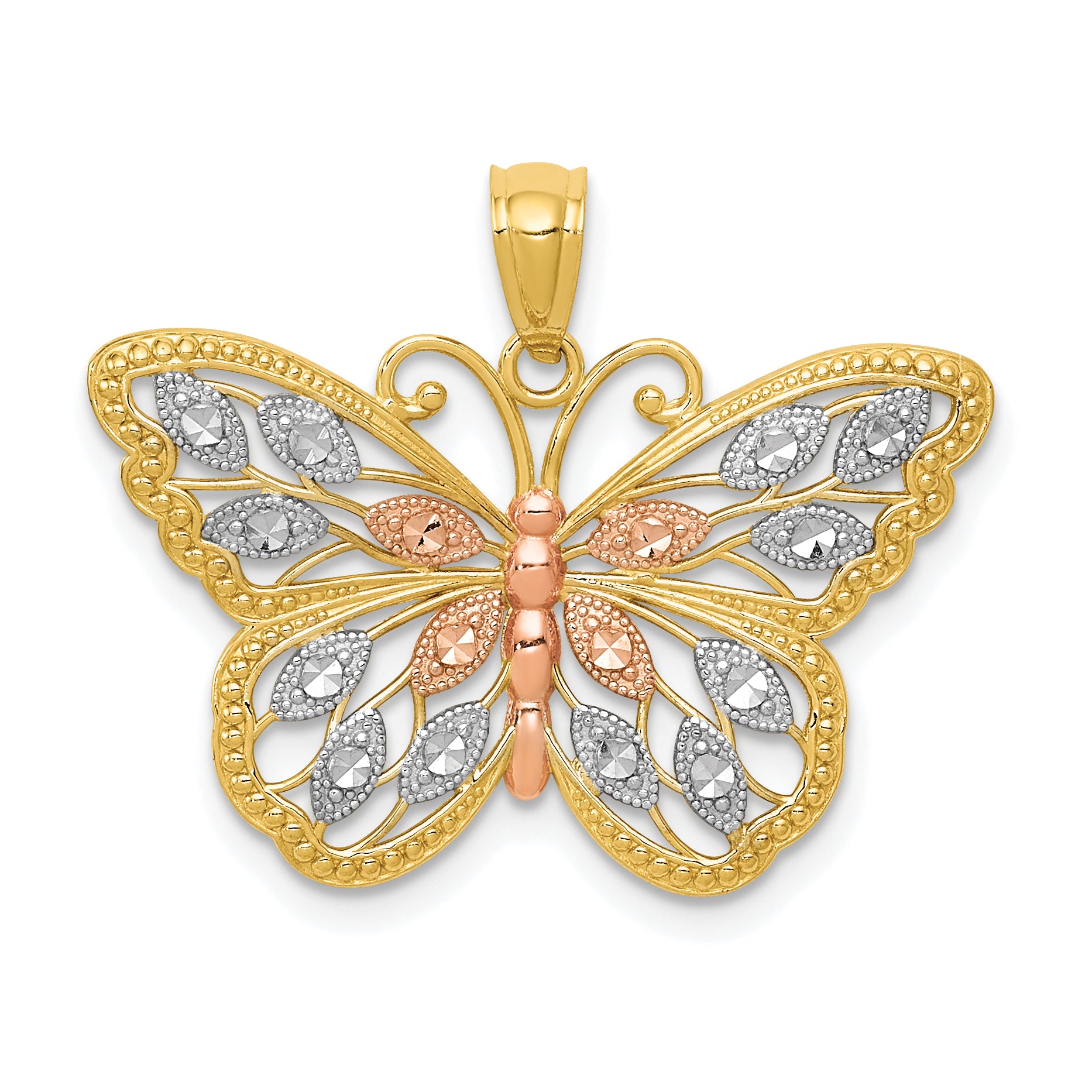 14k w/White and Rose Rhodium Diamond-cut Butterfly Pendant