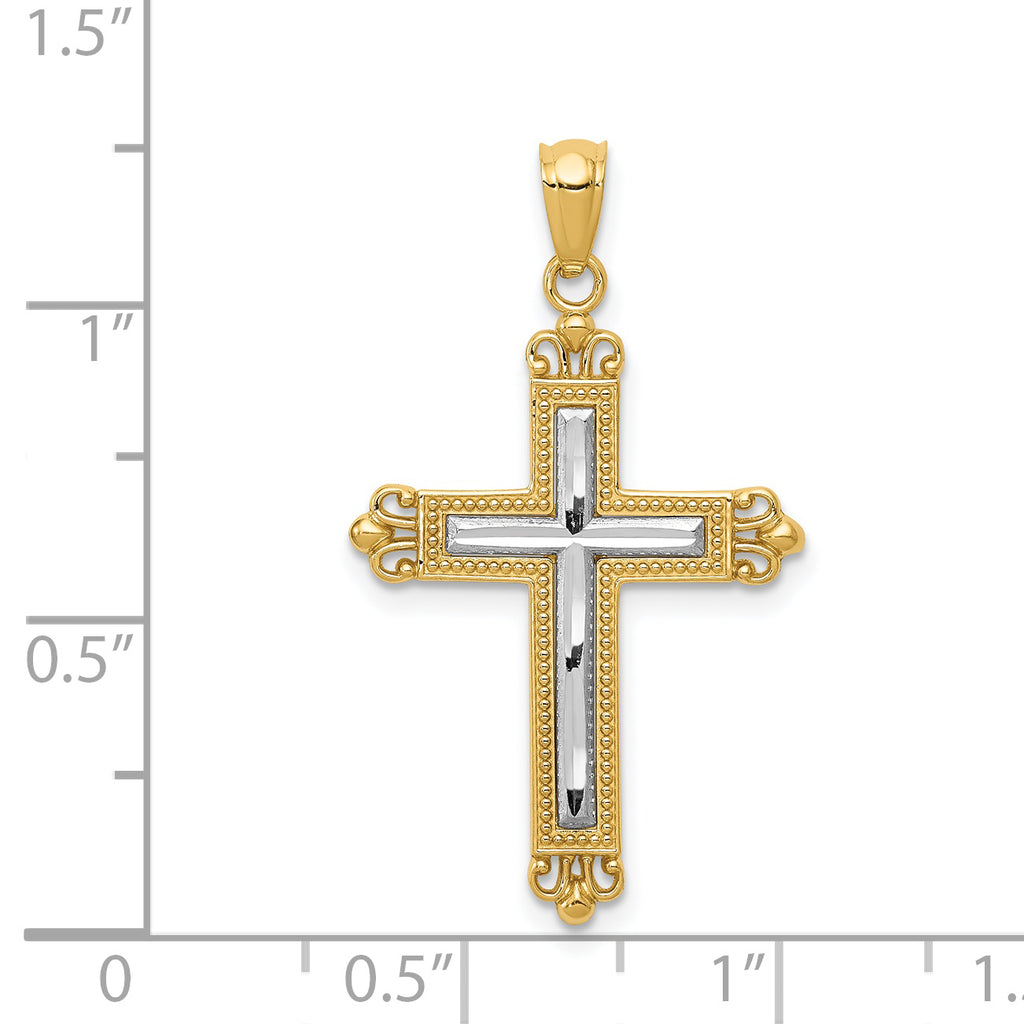 14K Gold and Rhodium Diamond-Cut Cross Pendant  Elegant Solid Design