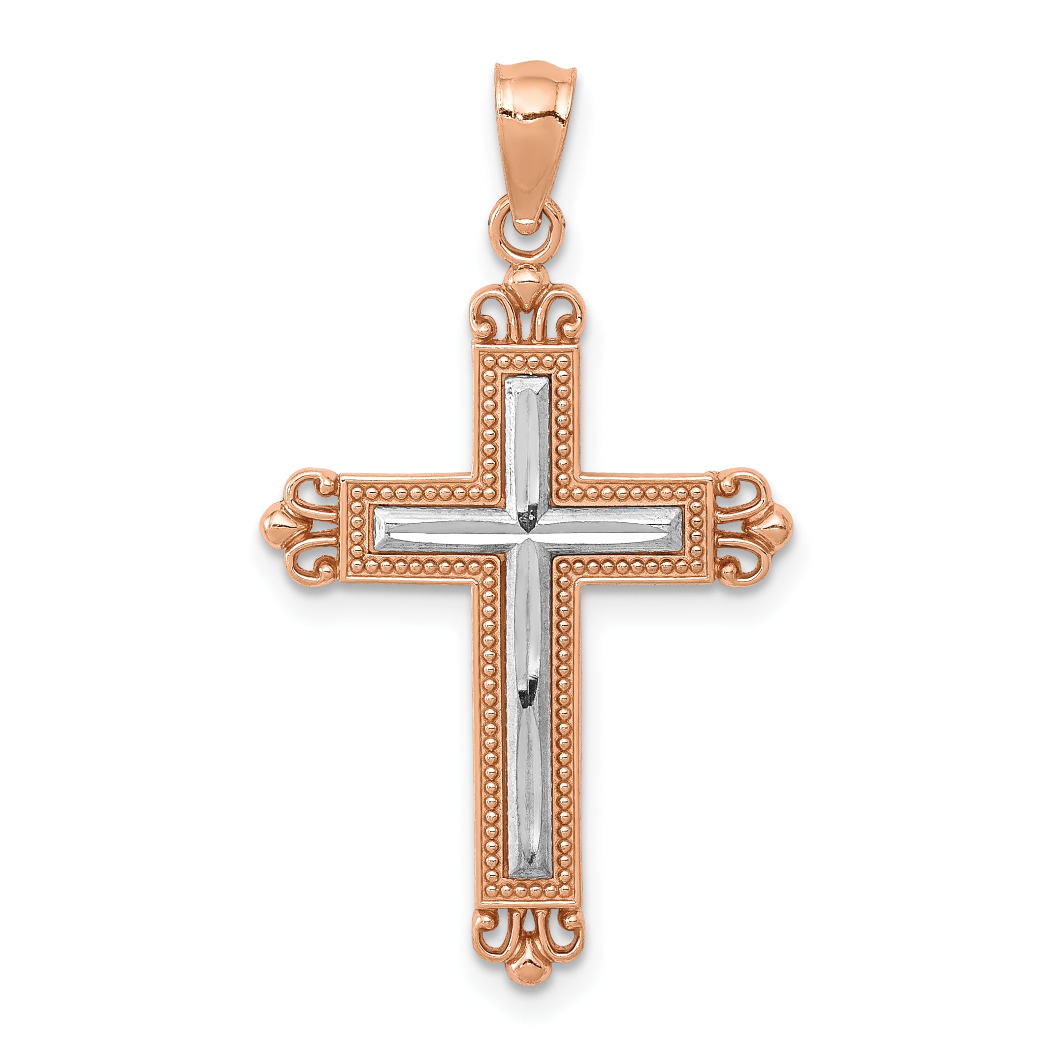 14K Rose Gold w/Rhodium Diamond-Cut Cross Pendant Main image