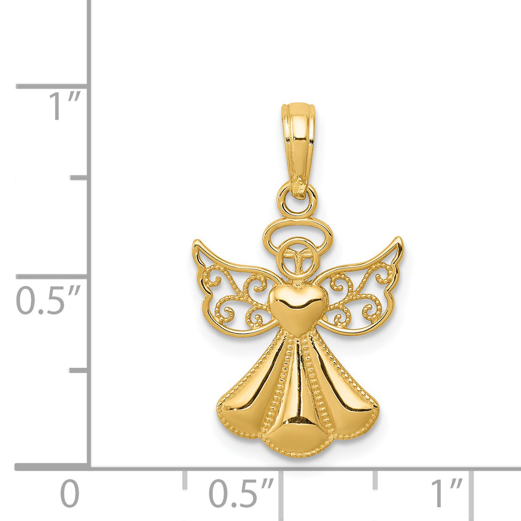 14K Gold Guardian Angel Heart Pendant with Textured Polished Finish