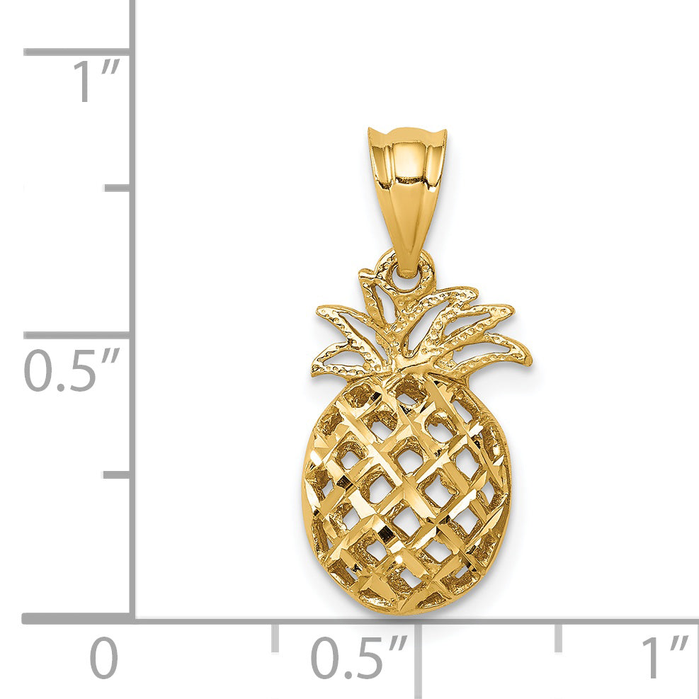 14K Polished & Diamond-cut 3D Pineapple Pendant