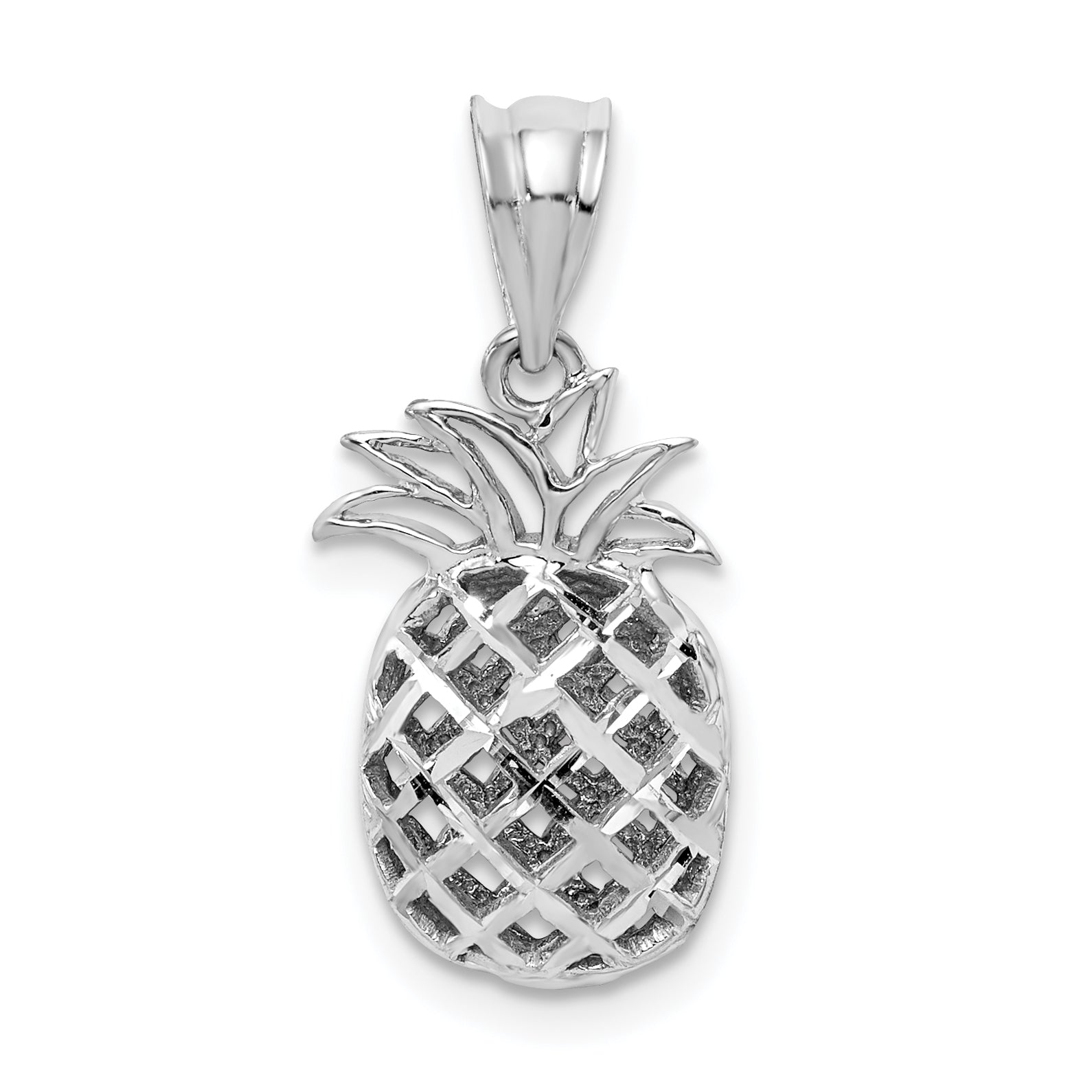 14K White Polished & Diamond-cut 3D Pineapple Pendant