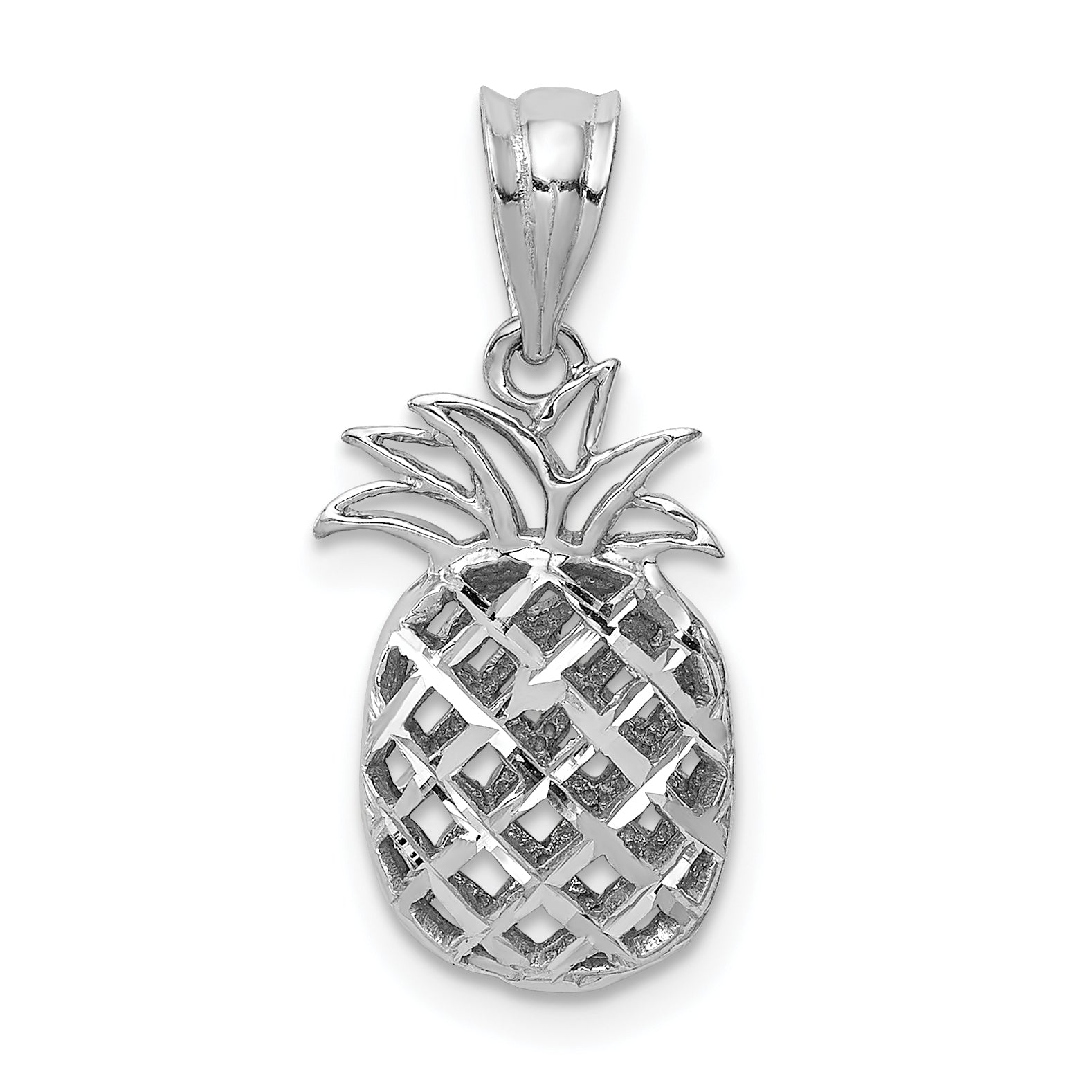 14K White Polished & Diamond-cut 3D Pineapple Pendant Main image