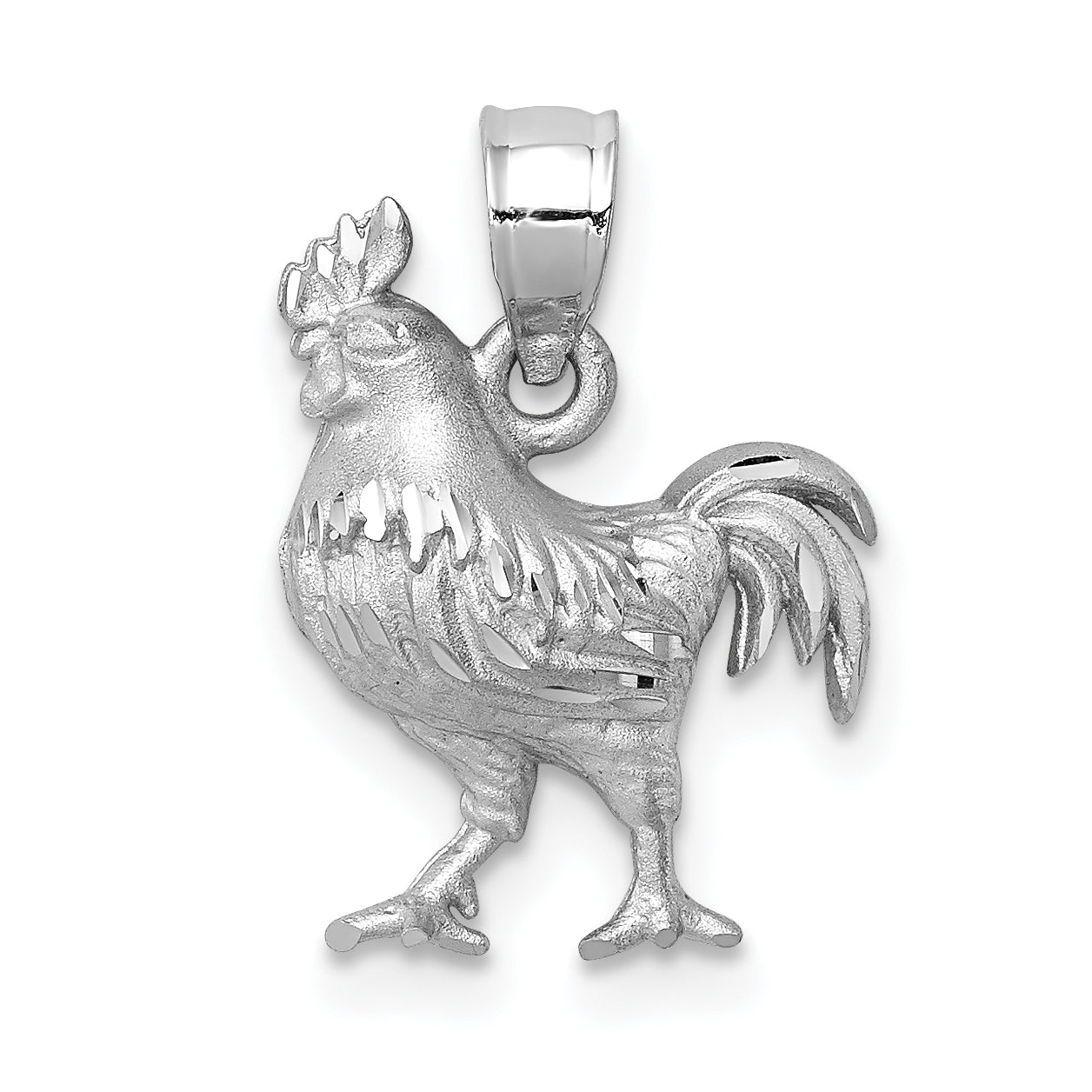 14k White Gold Satin Diamond-cut Rooster Pendant Main image