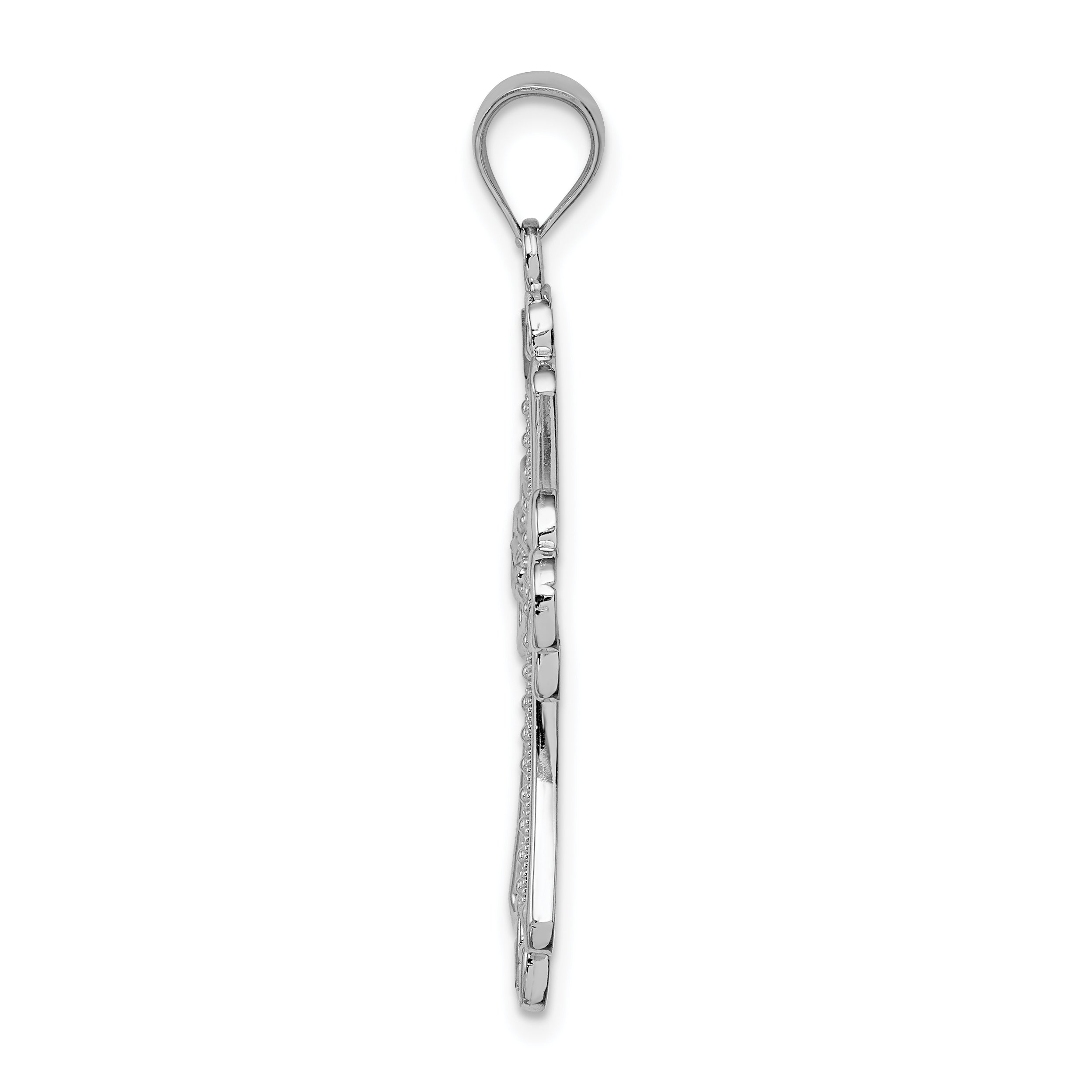 14K White Polished Diamond-cut Textured Cross Pendant Secondary image