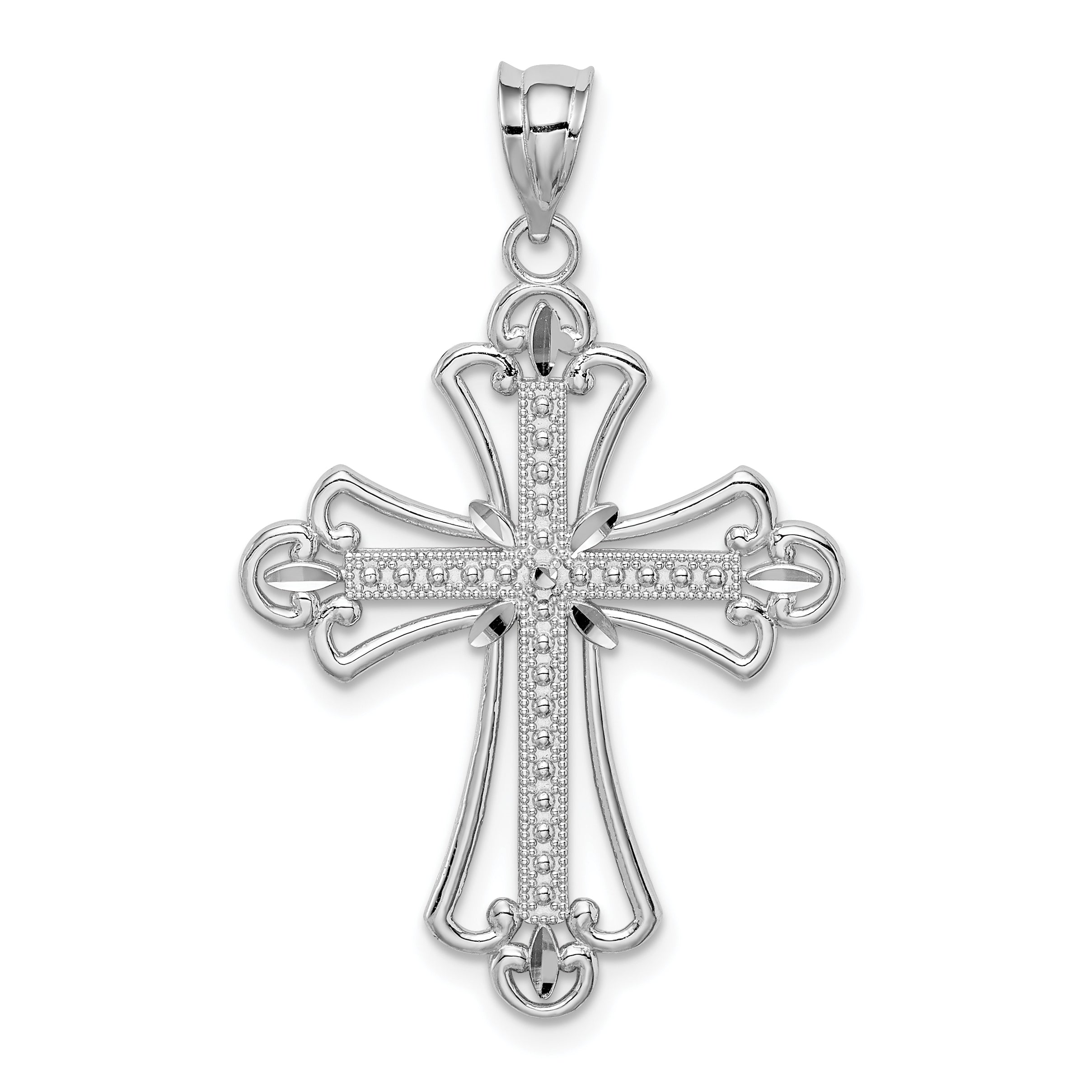 14K White Polished Diamond-cut Textured Cross Pendant Main image