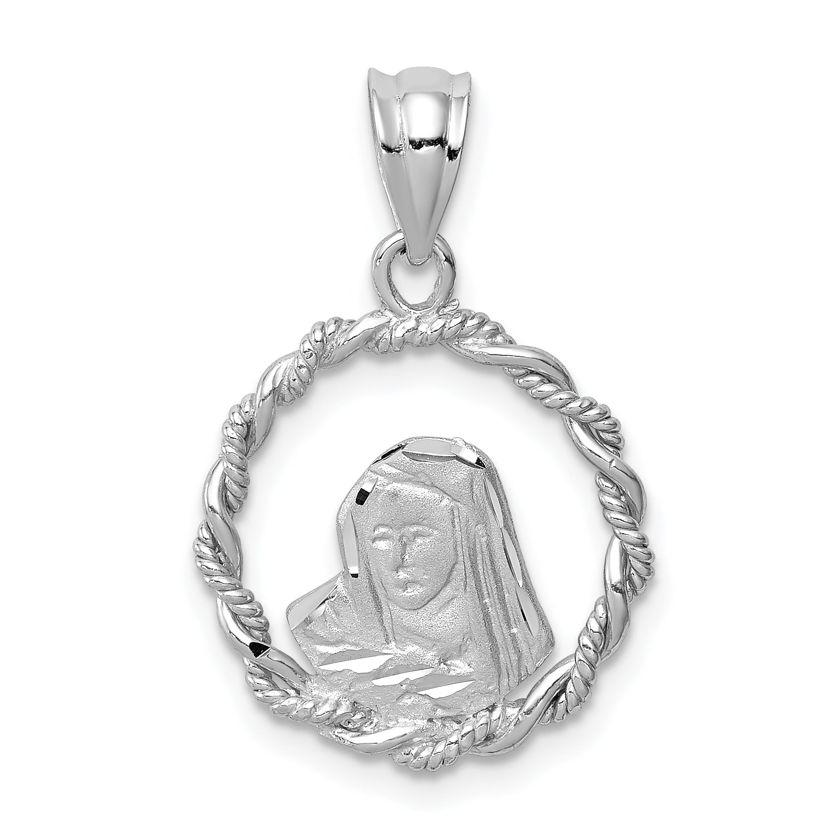 14K White Brushed & Polished Diamond-cut Virgin Mary Pendant Main image