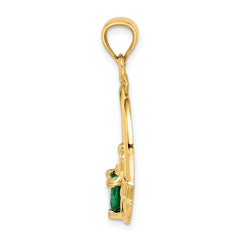 14K Gold Claddagh Pendant with Green Heart CZ Stone, Polished Finish