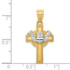 14K Gold Claddagh Cross Pendant with Rhodium Accent  Polished & Textured Finish