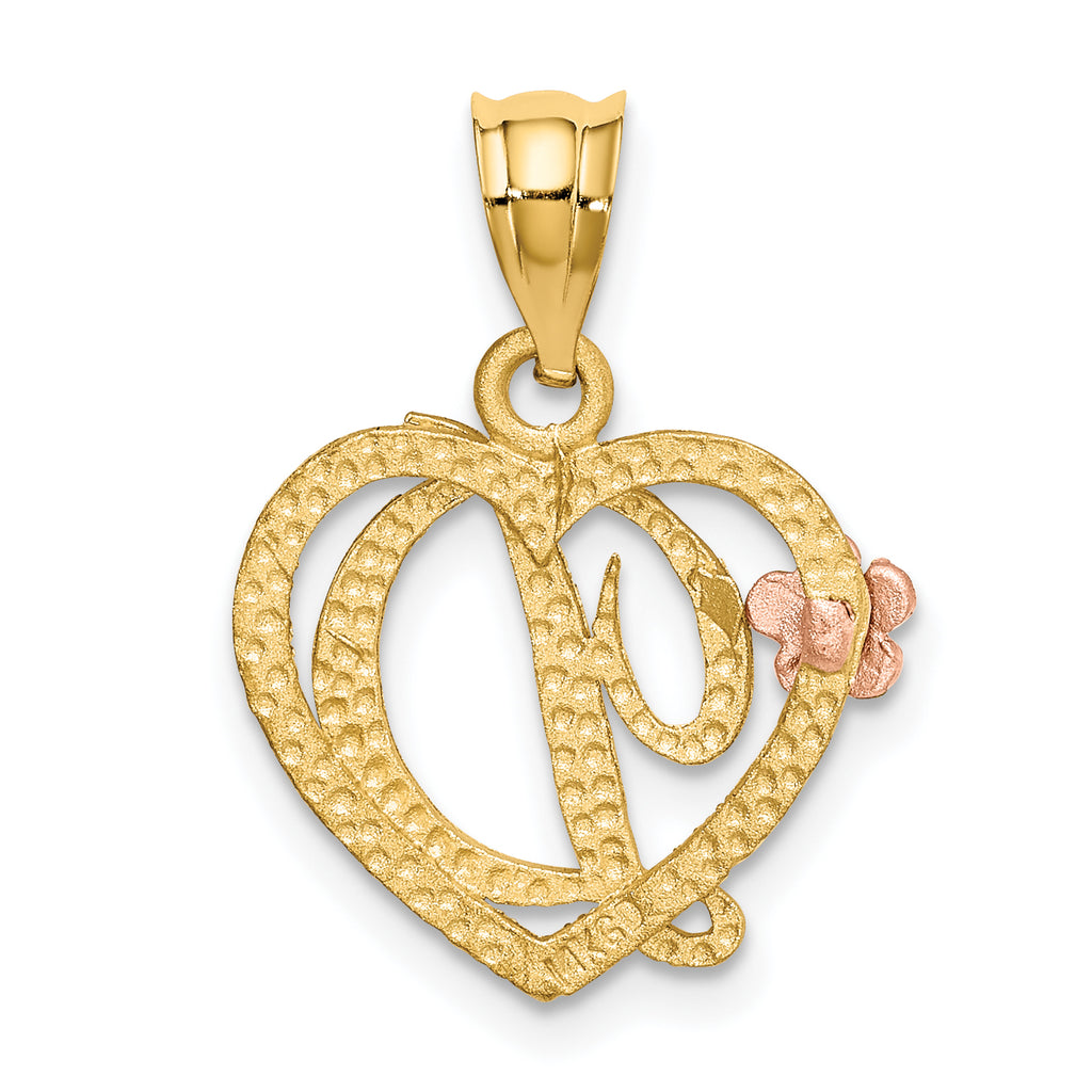 14K Two-Tone Gold Heart Initial D Pendant with Polished Diamond-Cut Finish