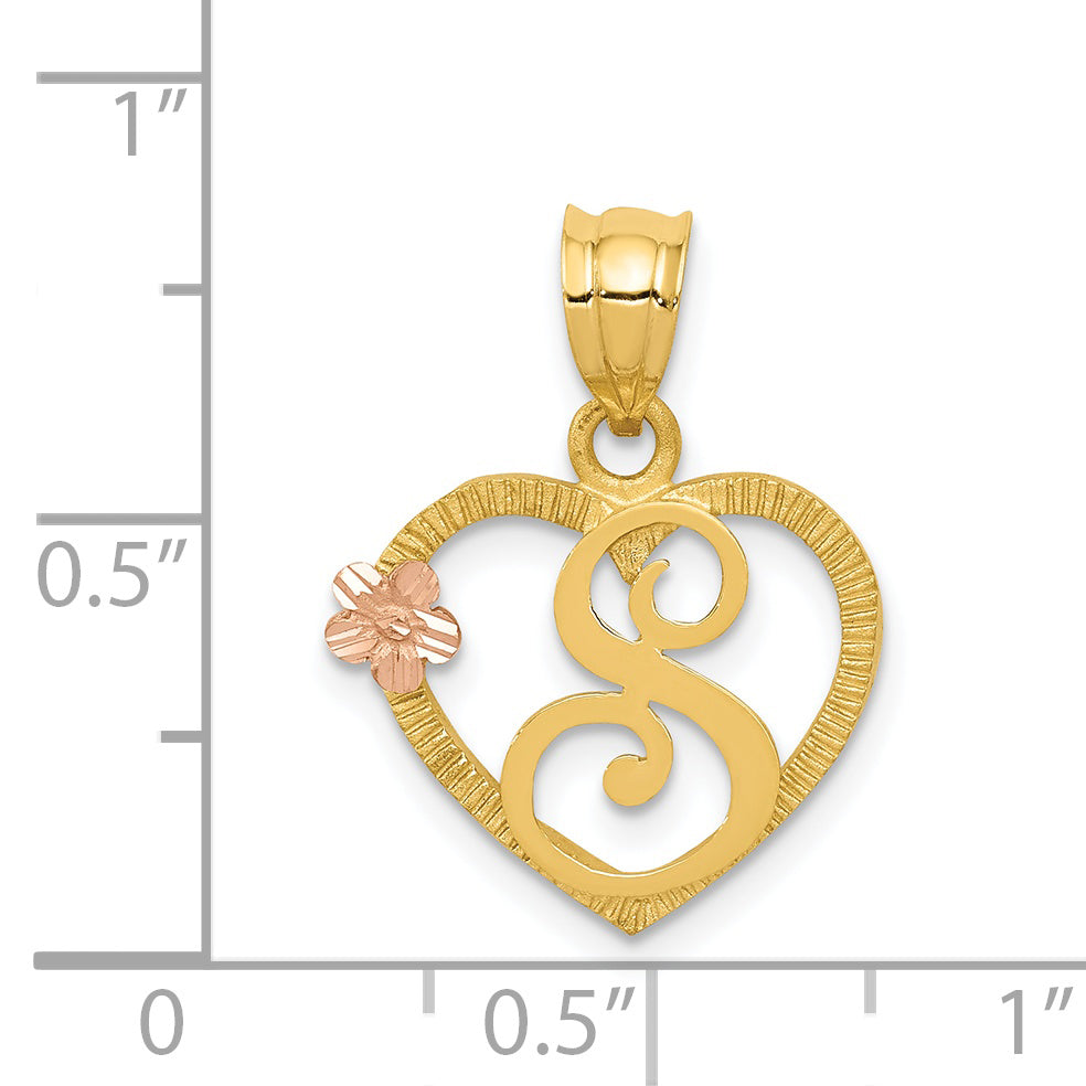 14K Two-Tone Heart Initial S Pendant with Diamond-Cut Detailing Polished Finish