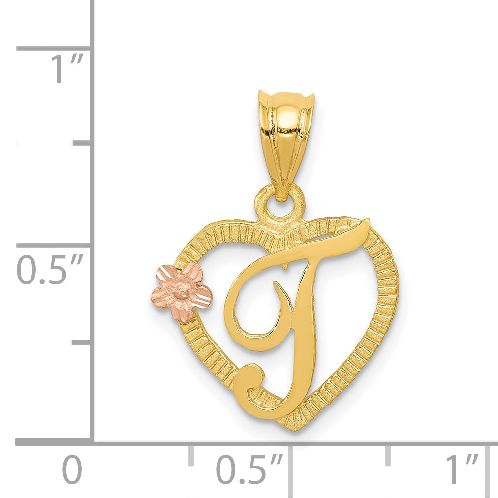 14K Two-Tone Gold Heart Letter T Pendant with Diamond-Cut Finish