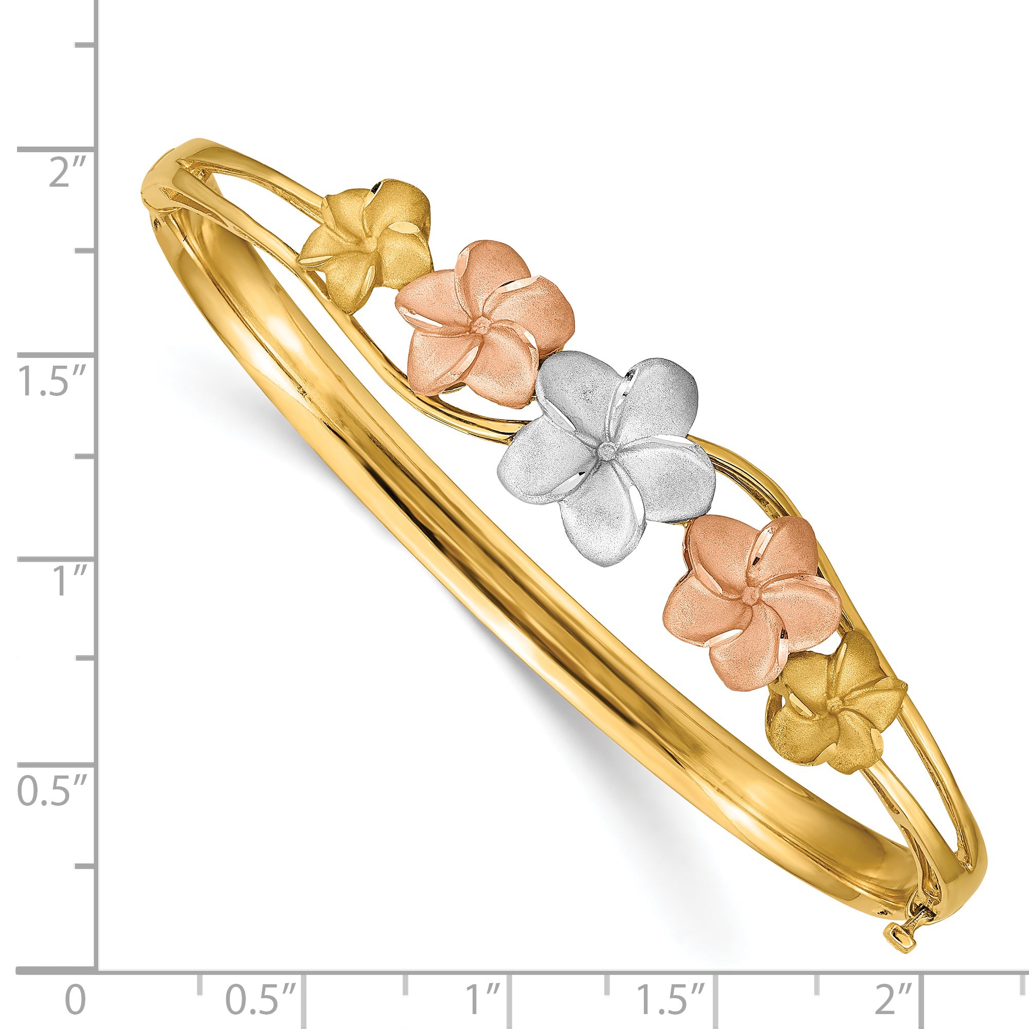 14K Tri-Color Gold Plumeria Bangle with Hinged Diamond-Cut Design