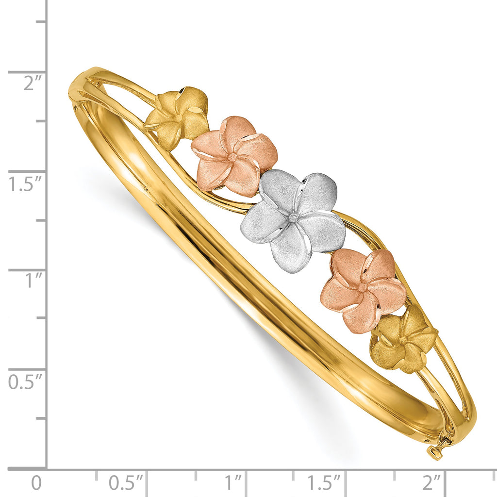 14K Tri-Color Gold Plumeria Bangle with Hinged Diamond-Cut Design