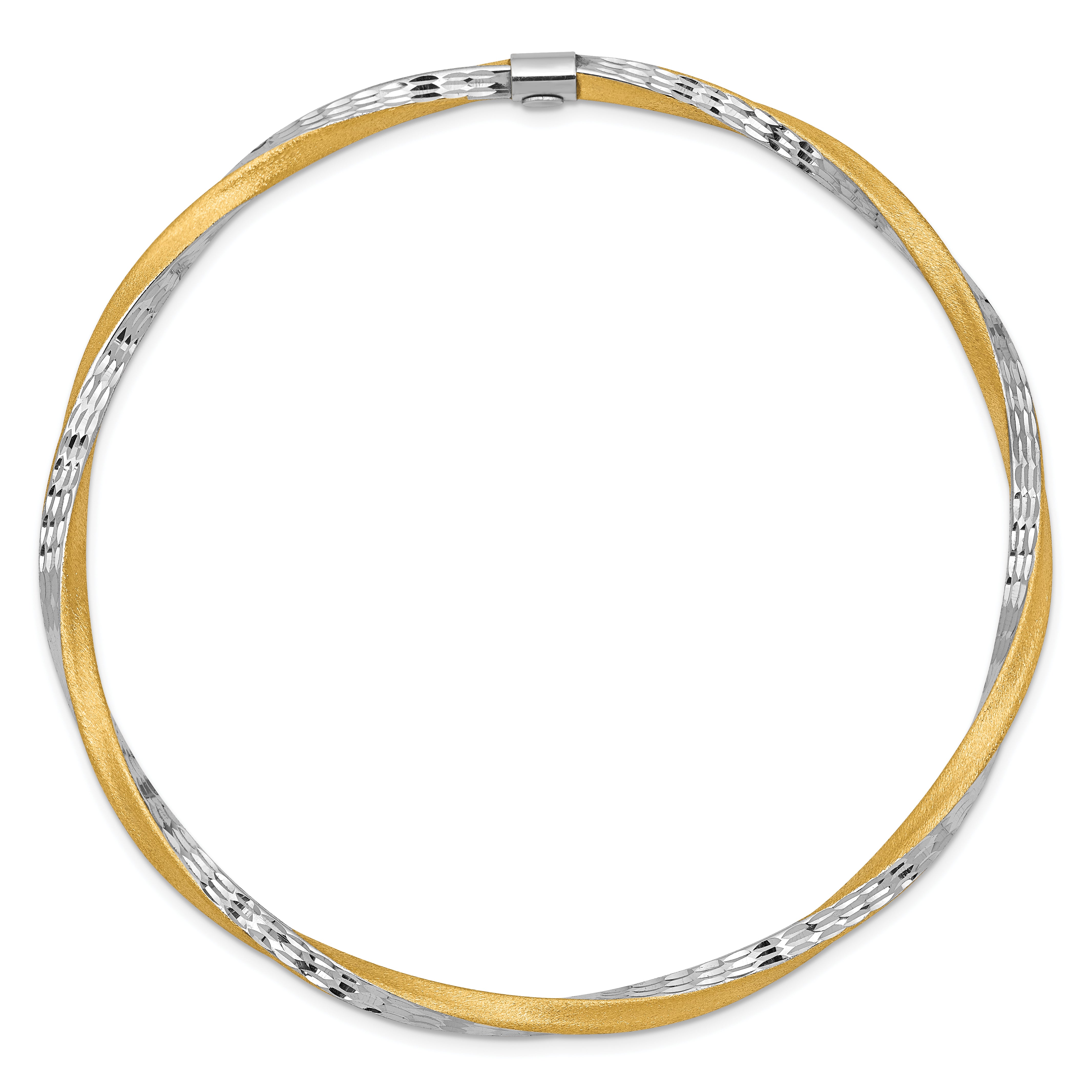 14K Gold Diamond-Cut Satin Twist Bangle with White Rhodium Accents