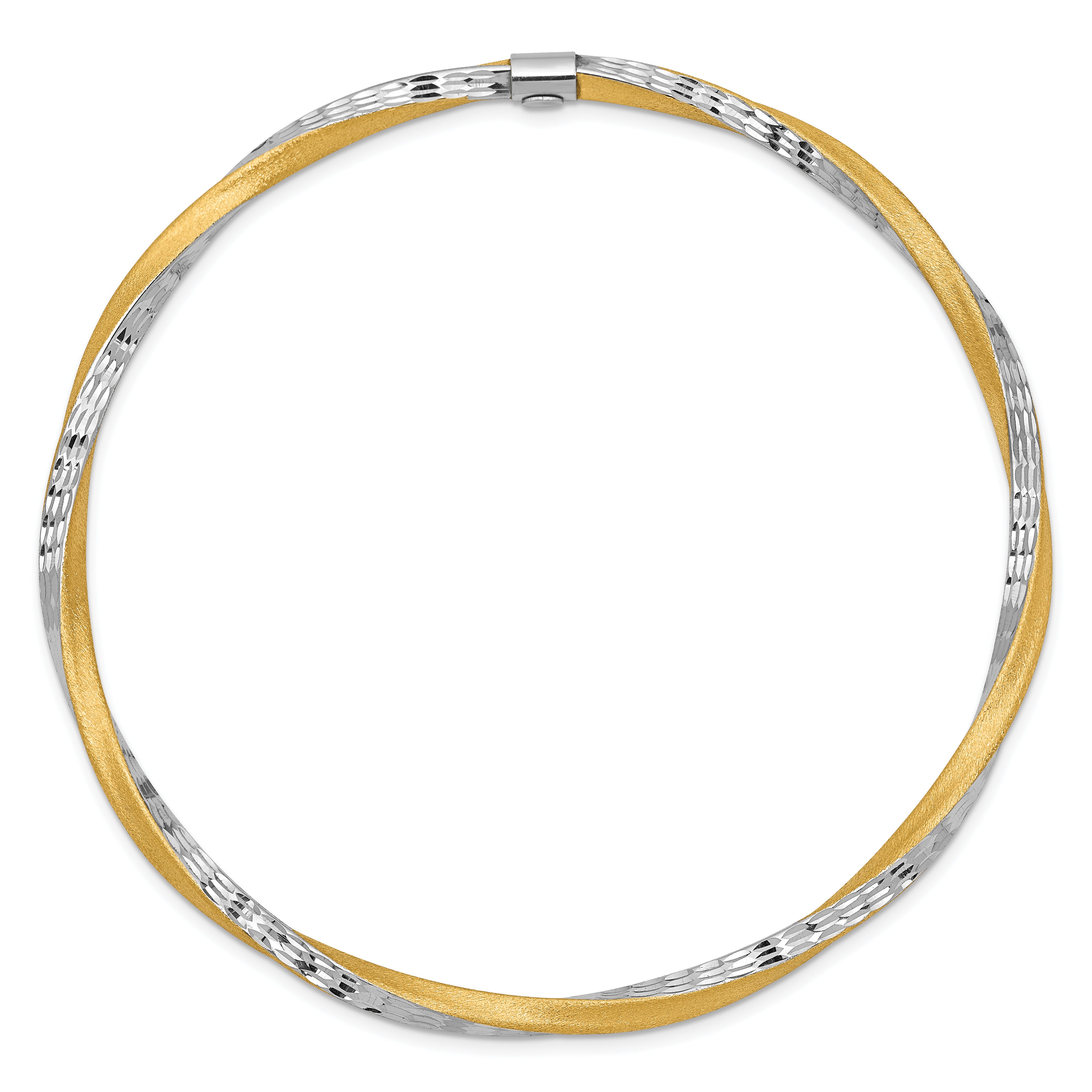 14K Gold Diamond-Cut Satin Twist Bangle with White Rhodium Accents