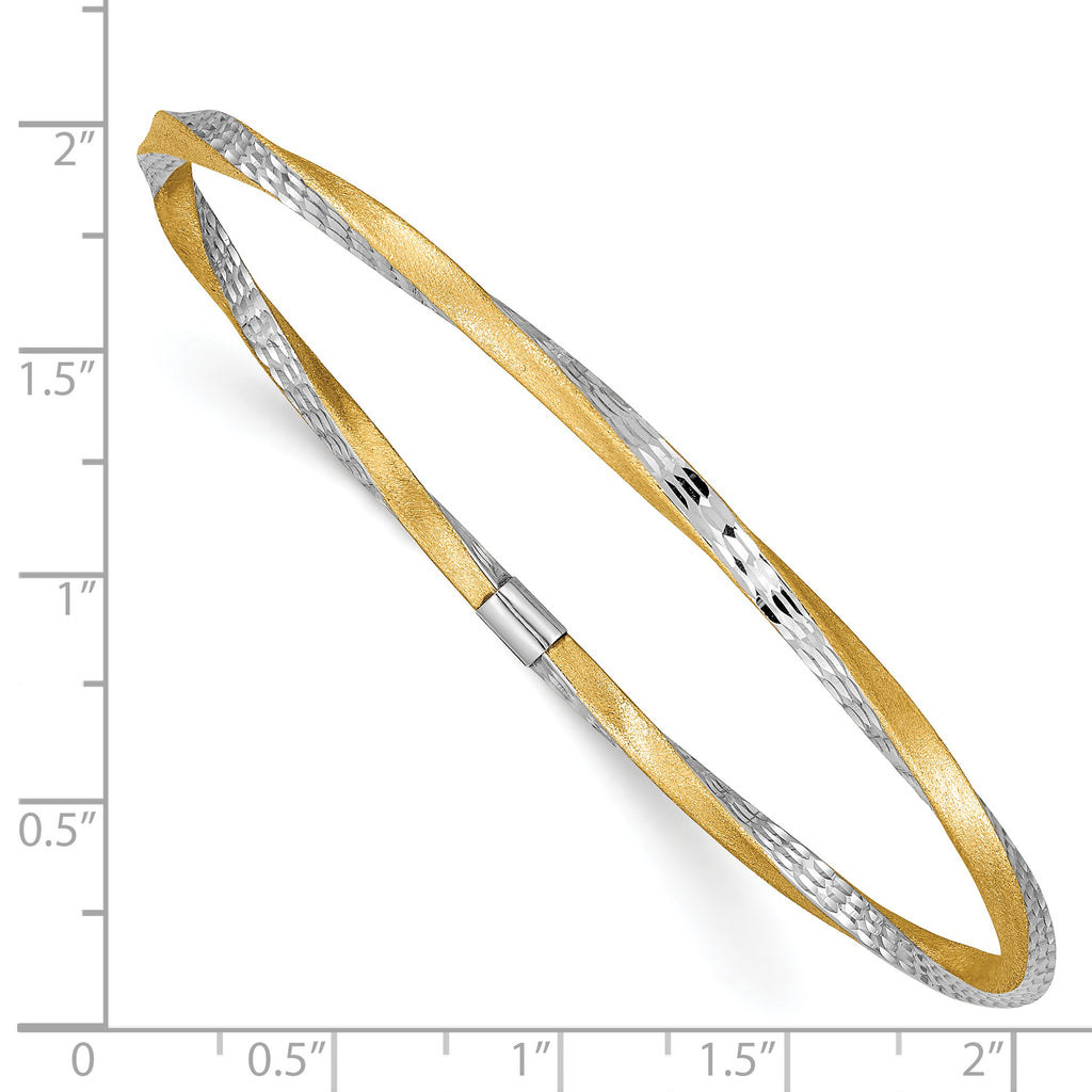 14K Gold Diamond-Cut Satin Twist Bangle with White Rhodium Accents