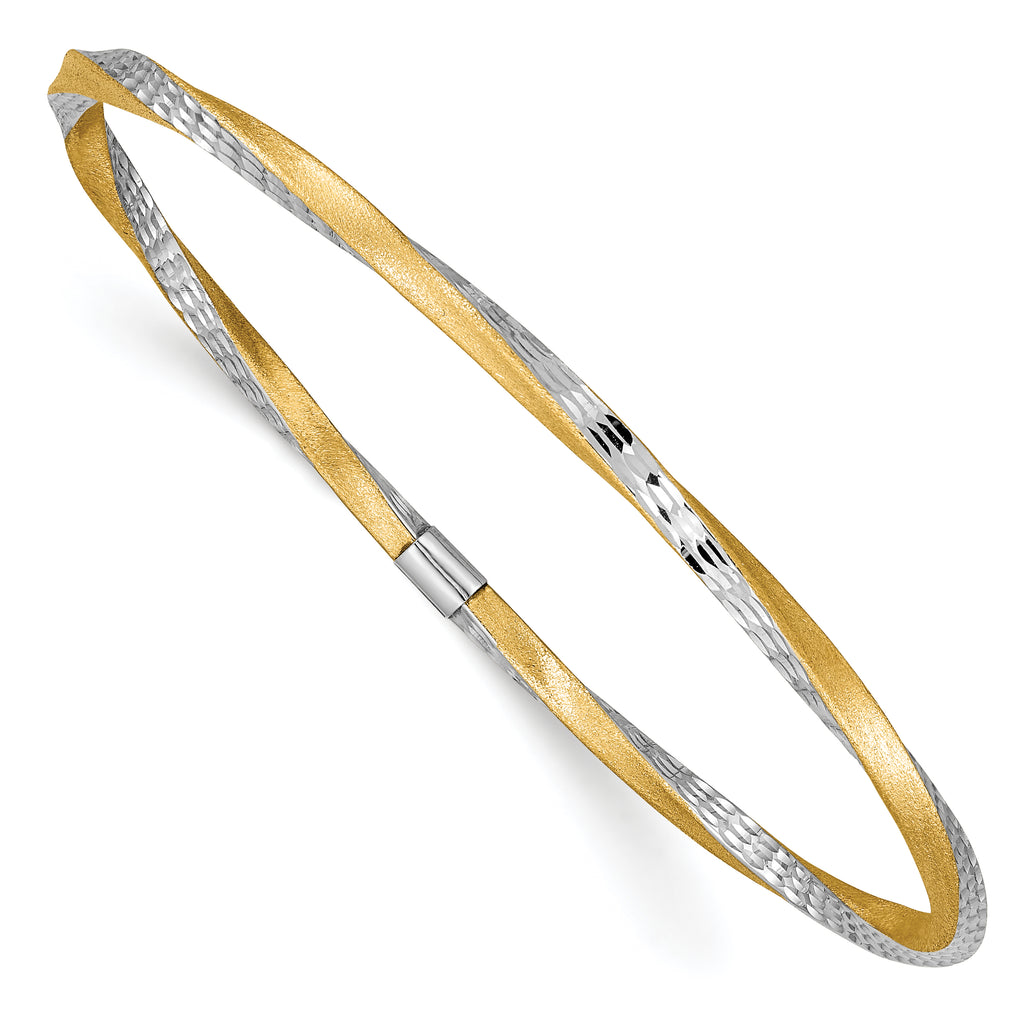 14k and White Rhodium 3mm Satin Diamond-cut Twist Slip-on Bangle