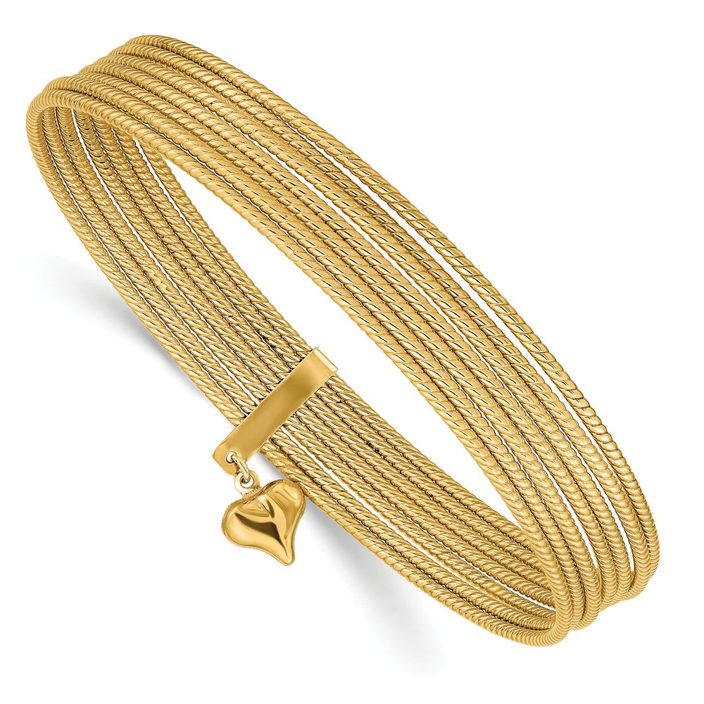 14K Gold Polished Bangle Set with Heart Dangle Elegant Stackable Style