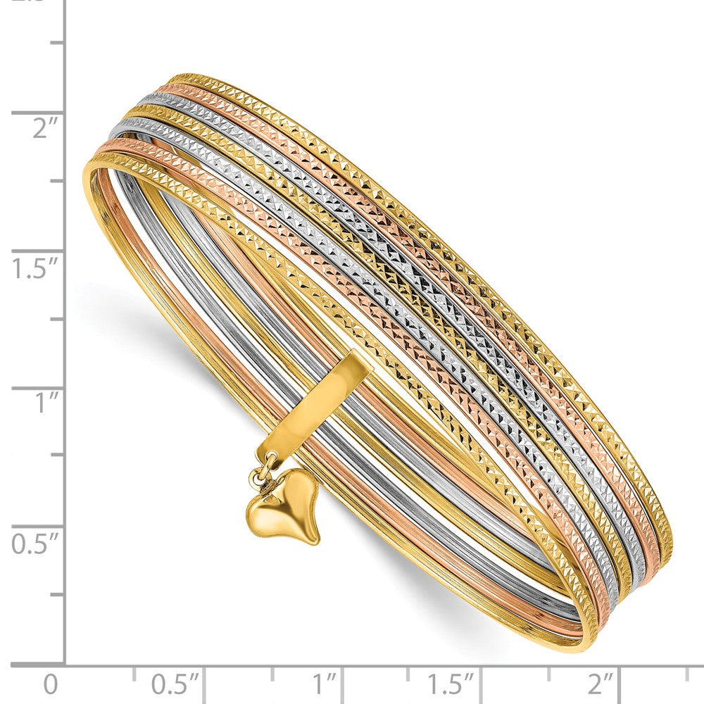 14K Tri-Color Gold Oversized Bangles with Dangle Heart Charm Secondary image
