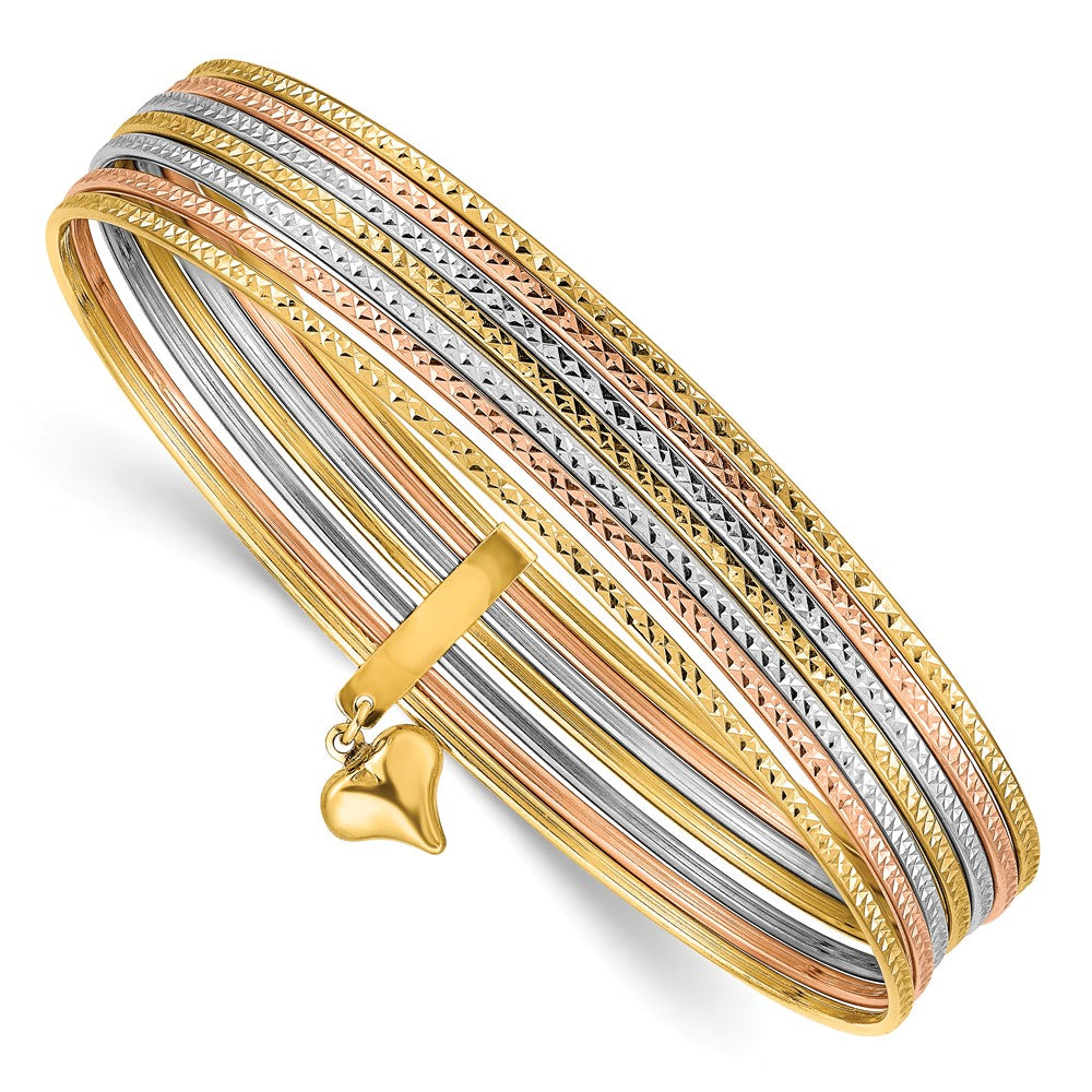 14K Tri-Color Gold Oversized Bangles with Dangle Heart Charm Main image