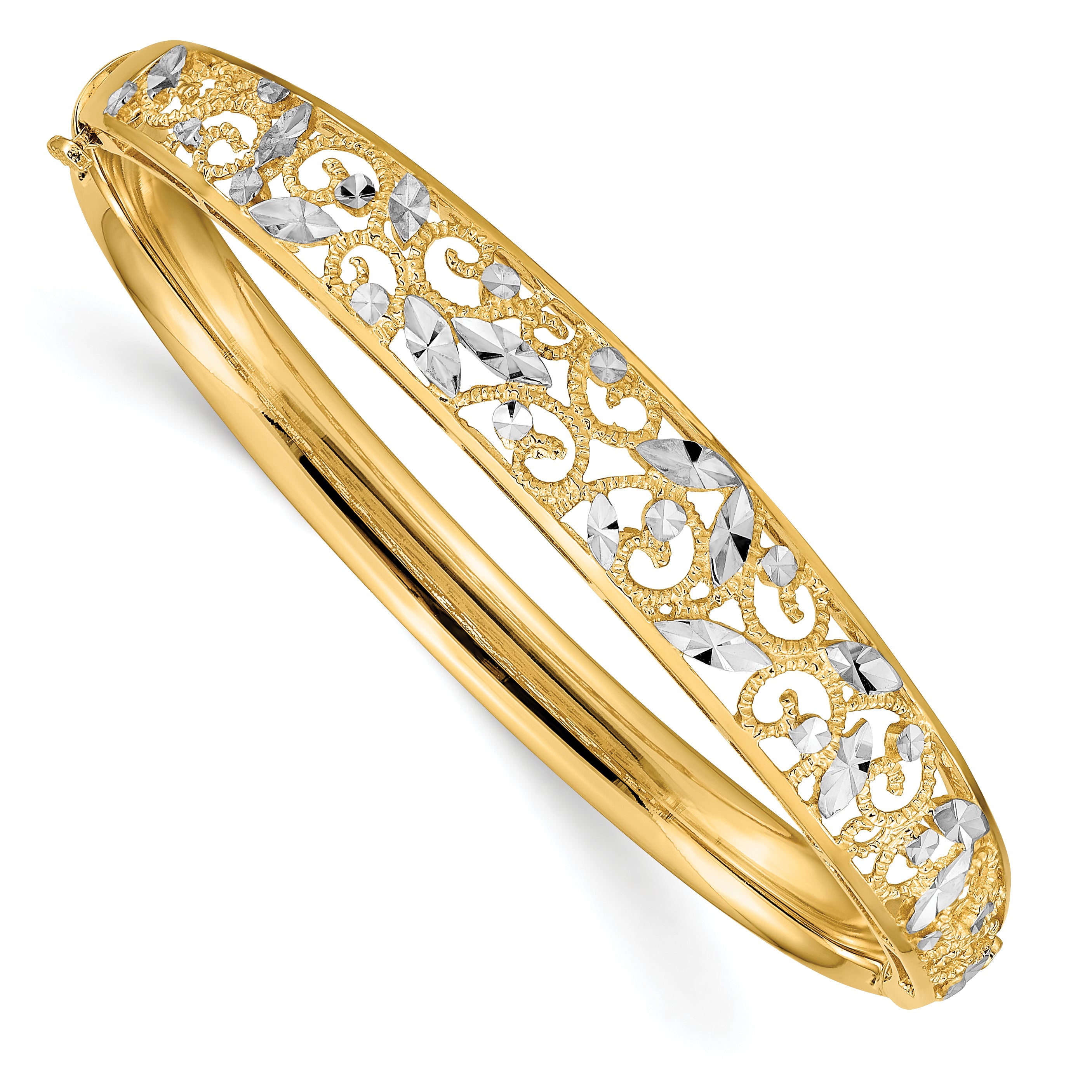 14K w/White Rhodium Diamond-cut Graduated Hinged Bangle Bracelet Main image