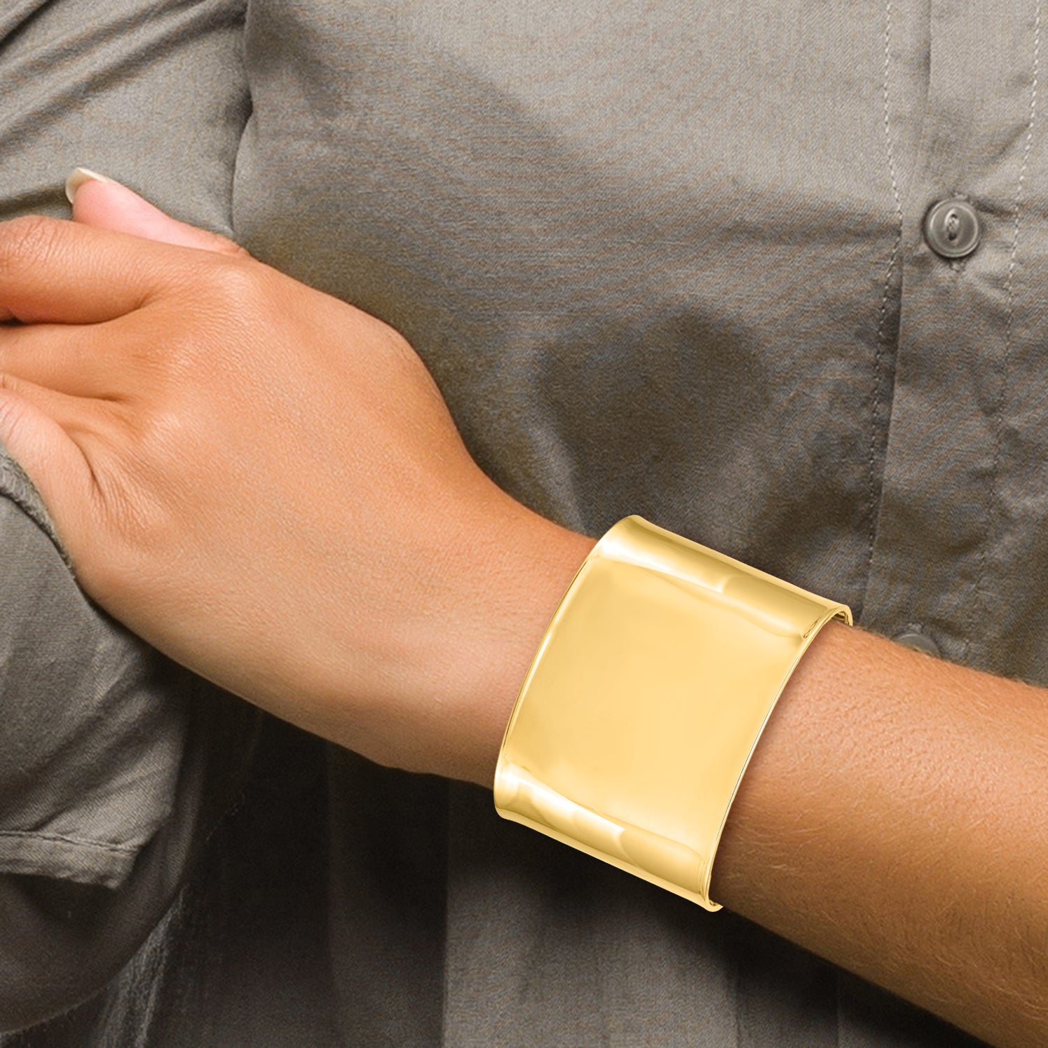 14K Gold Polished Cuff Bangle with Elegant Wide Design for Women