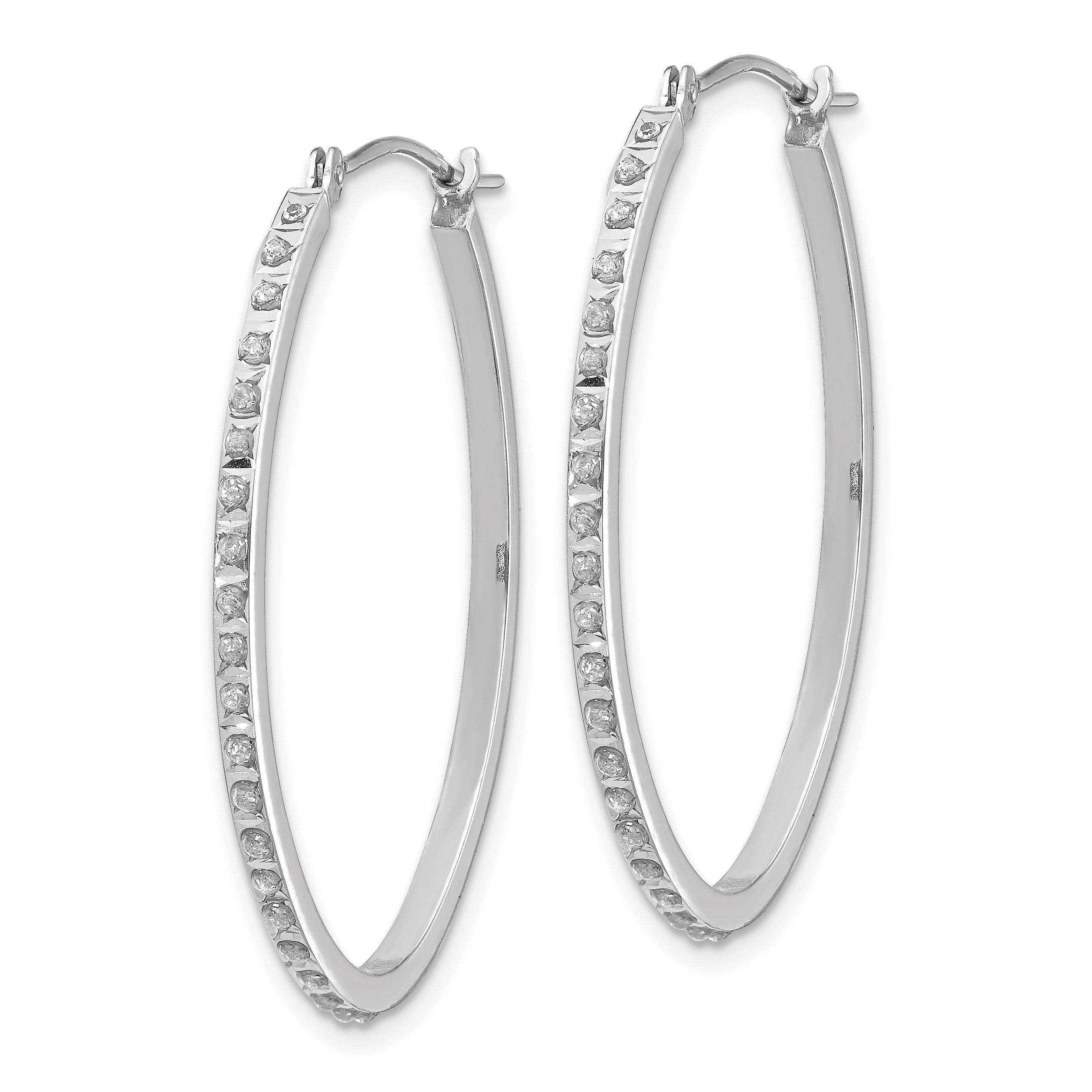 14K White Gold Diamond Oval Hoop Earrings with Polished Rhodium Finish