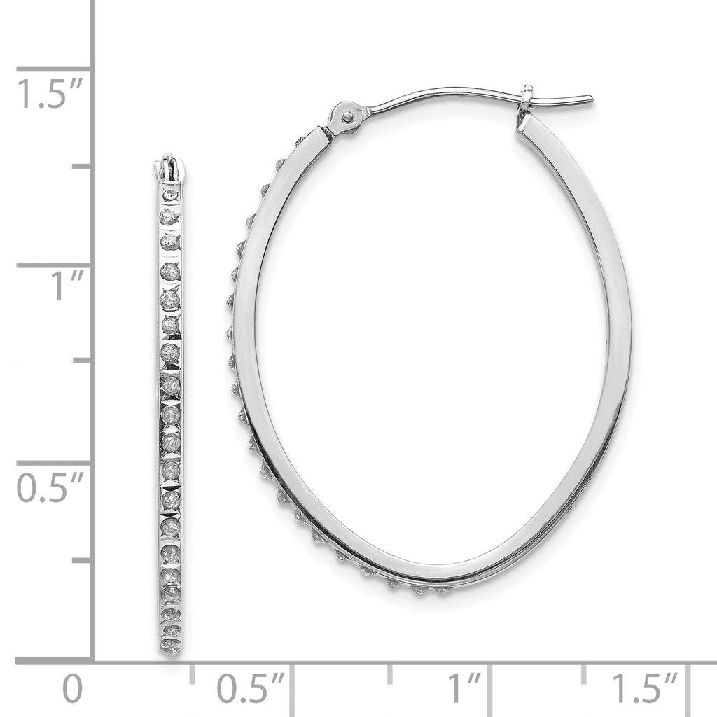 14K White Gold Diamond Oval Hoop Earrings with Polished Rhodium Finish