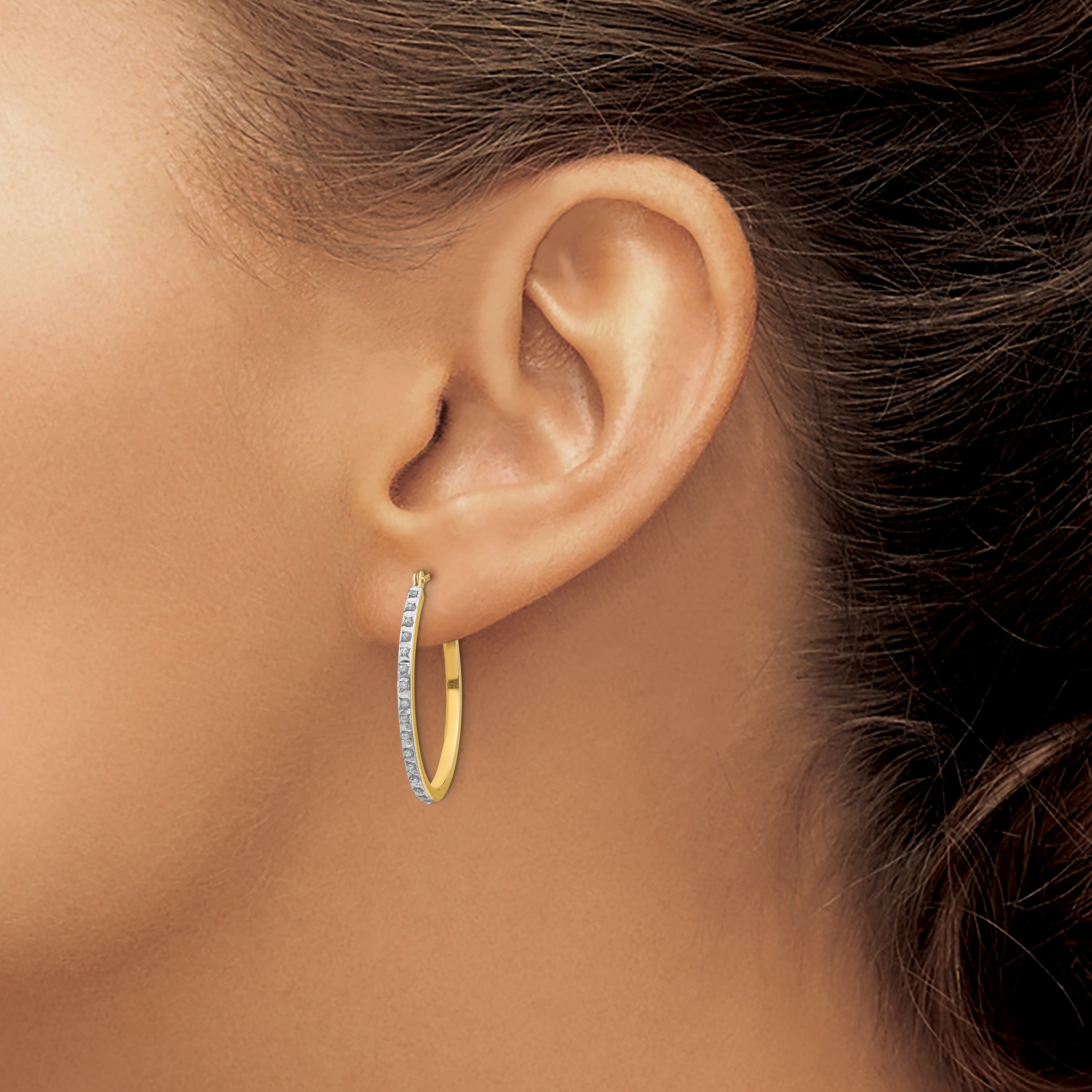 14K Gold Diamond Fascination Oval Hoop Earrings with Polished Finish