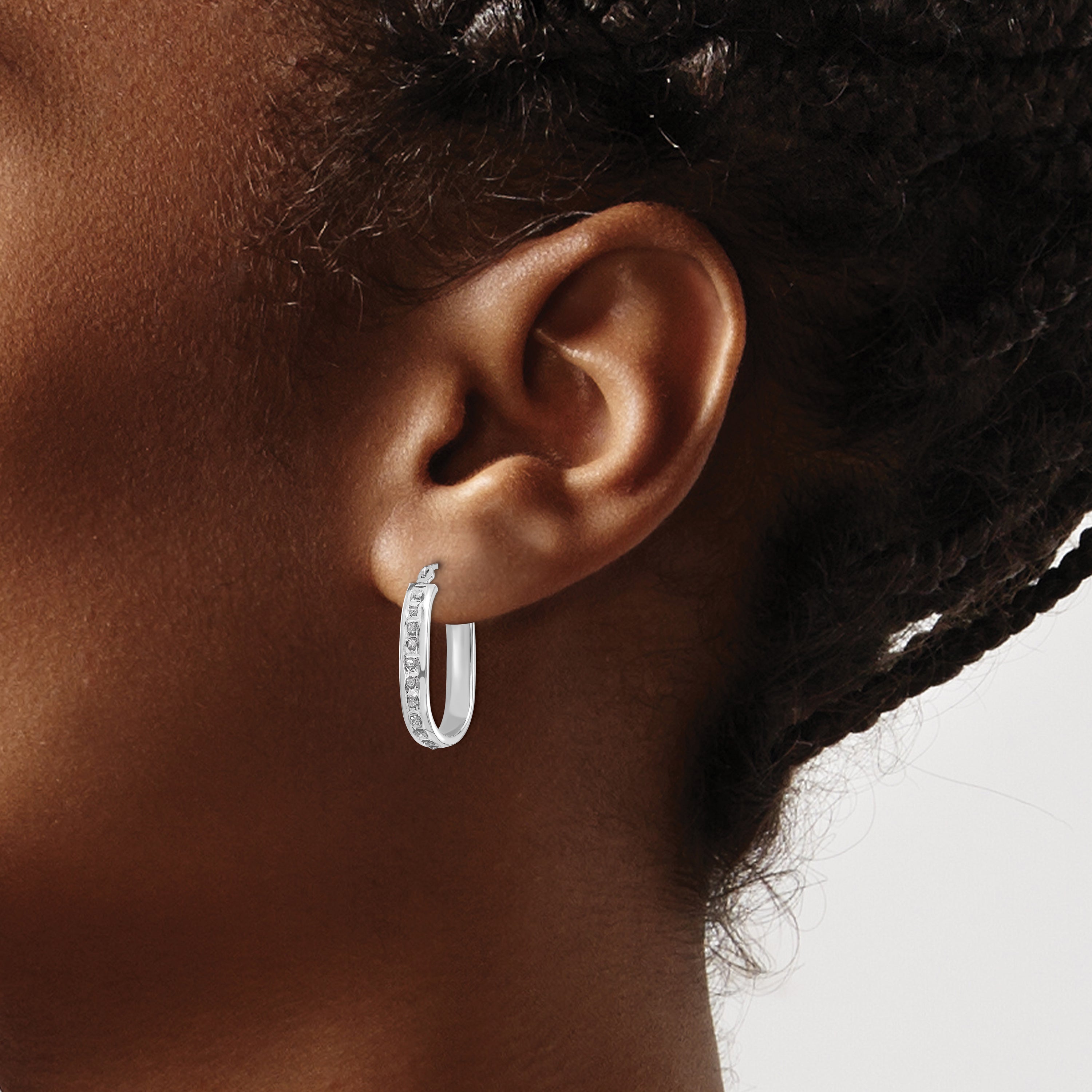 14K White Gold Diamond Hoop Earrings with Polished Rhodium Finish