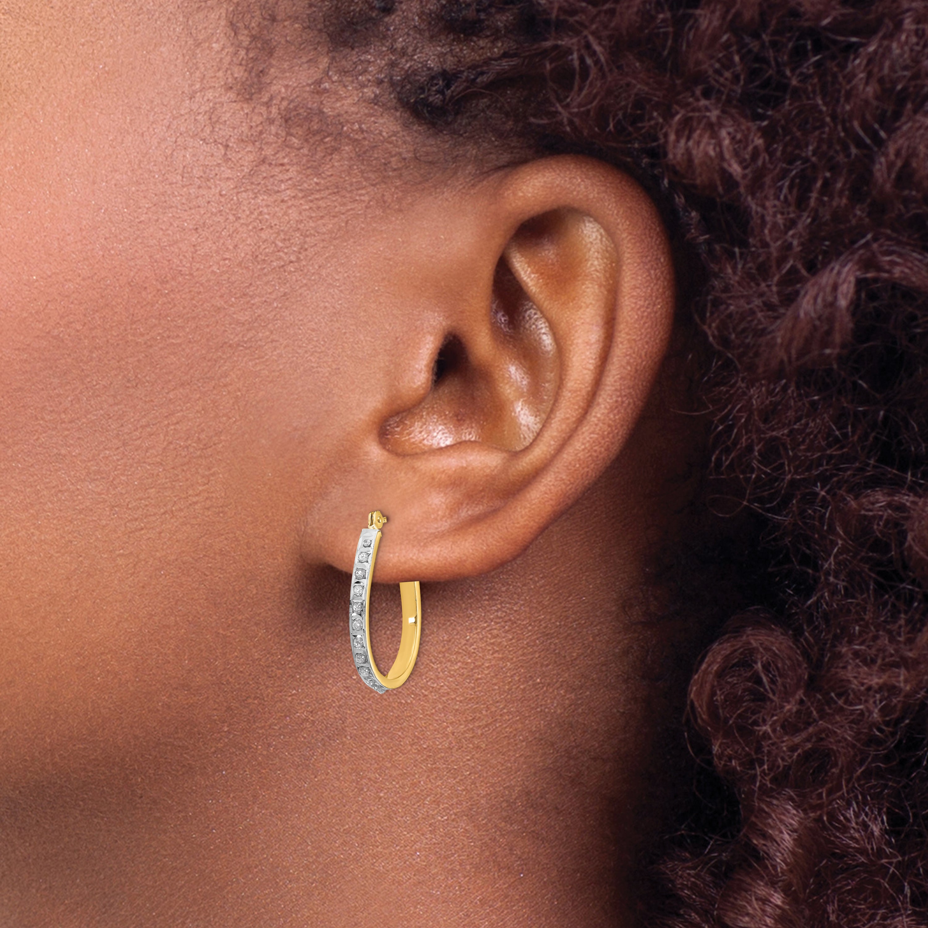 14k Yellow & Rhodium Diamond Fascination Oval Hinged Hoop Earrings
