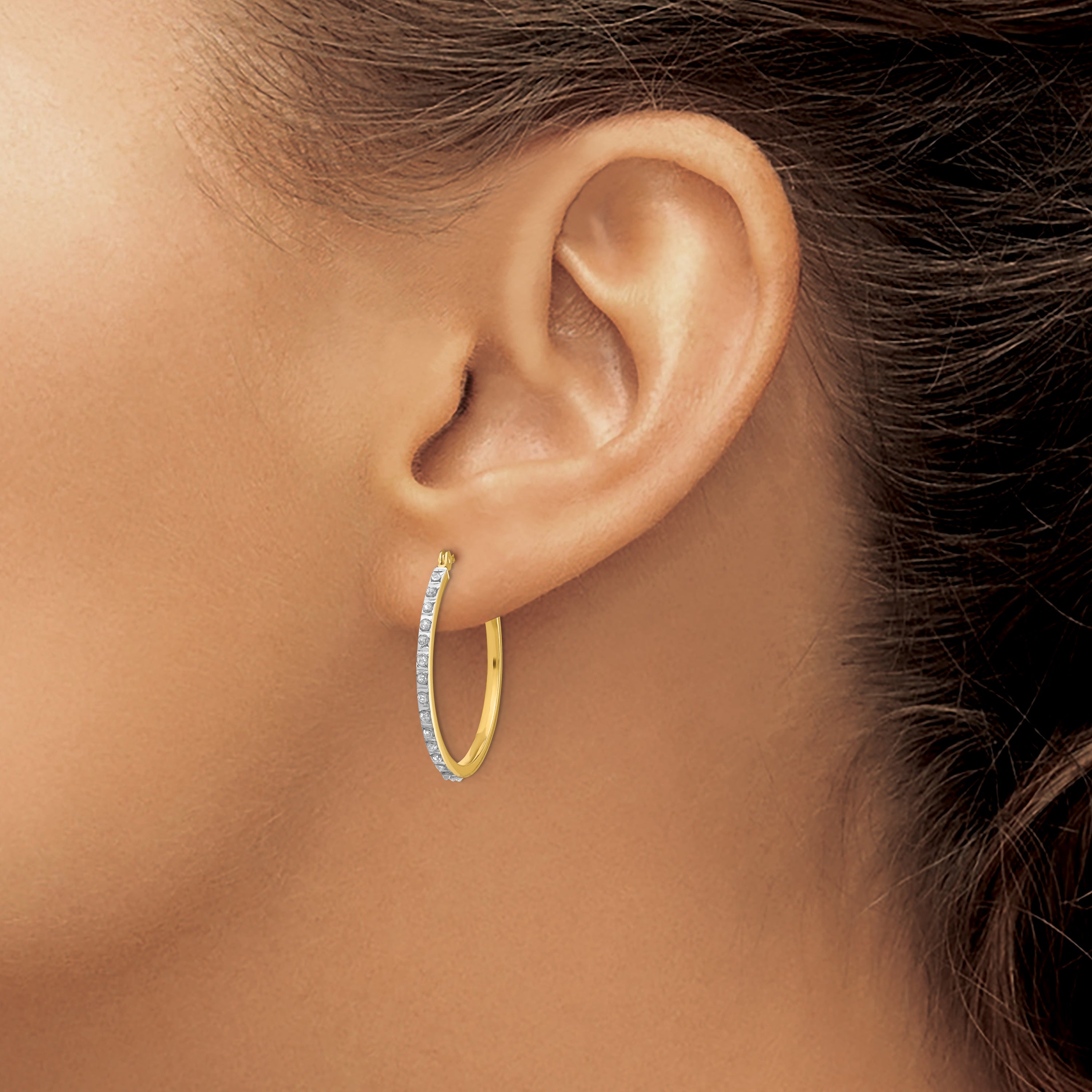 14K Gold Diamond Fascination Hoop Earrings with Polished Finish, 26mm