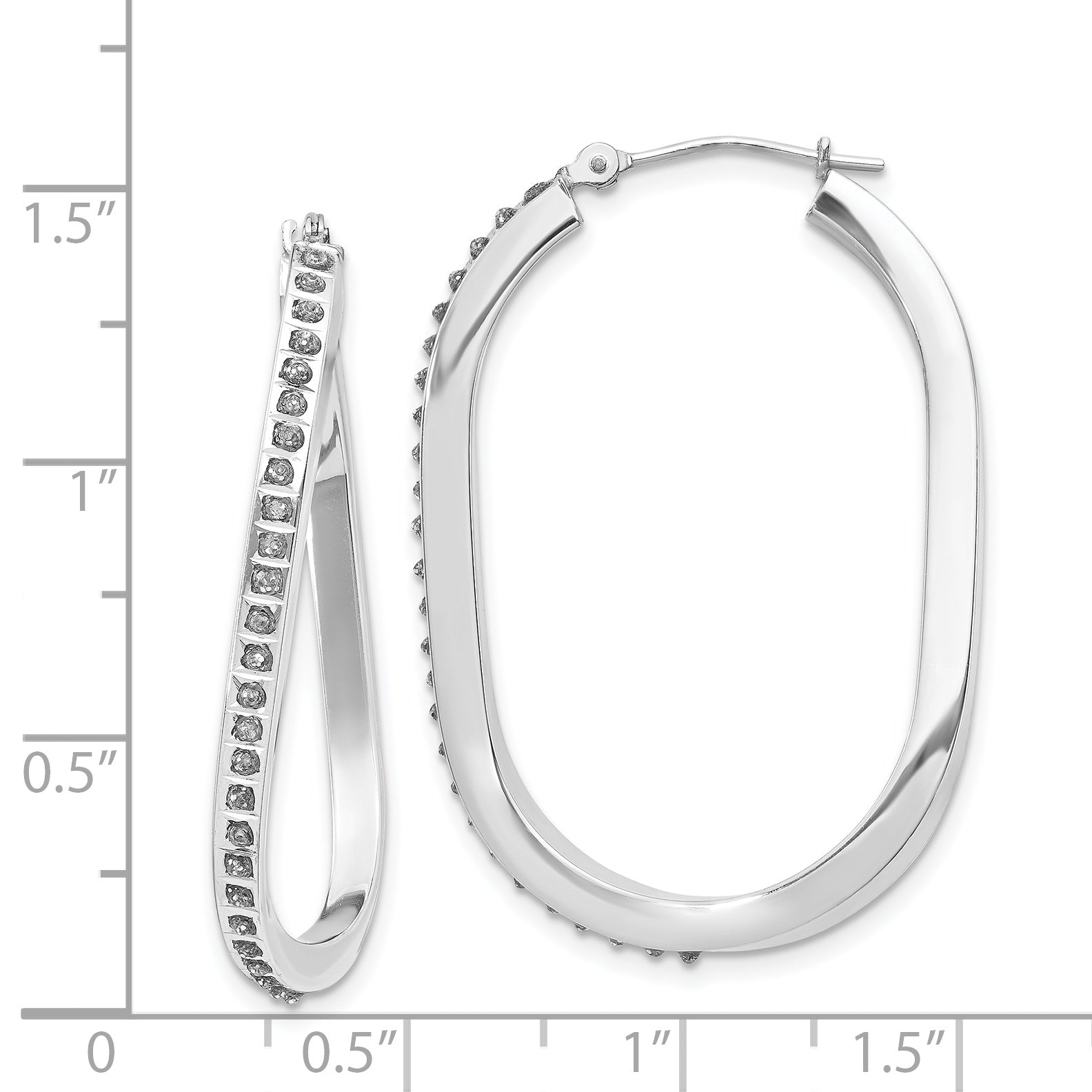 14K White Gold Diamond-Accented Oval Twist Hoop Earrings Polished