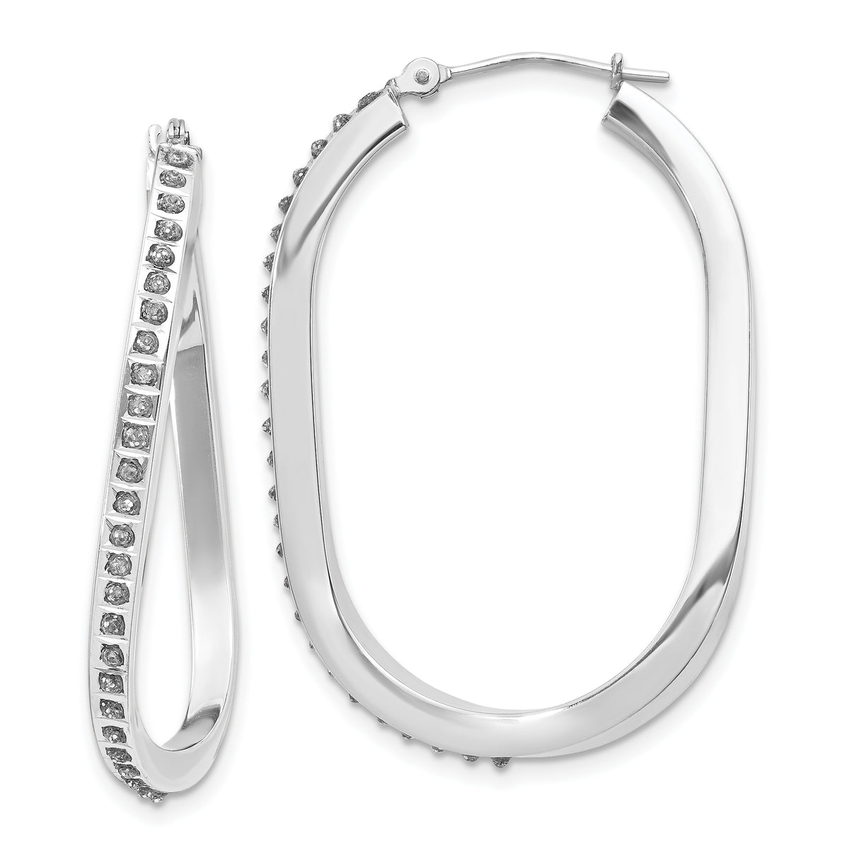14k White Gold Diamond Fascination Oval Twist Hinged Hoop Earrings