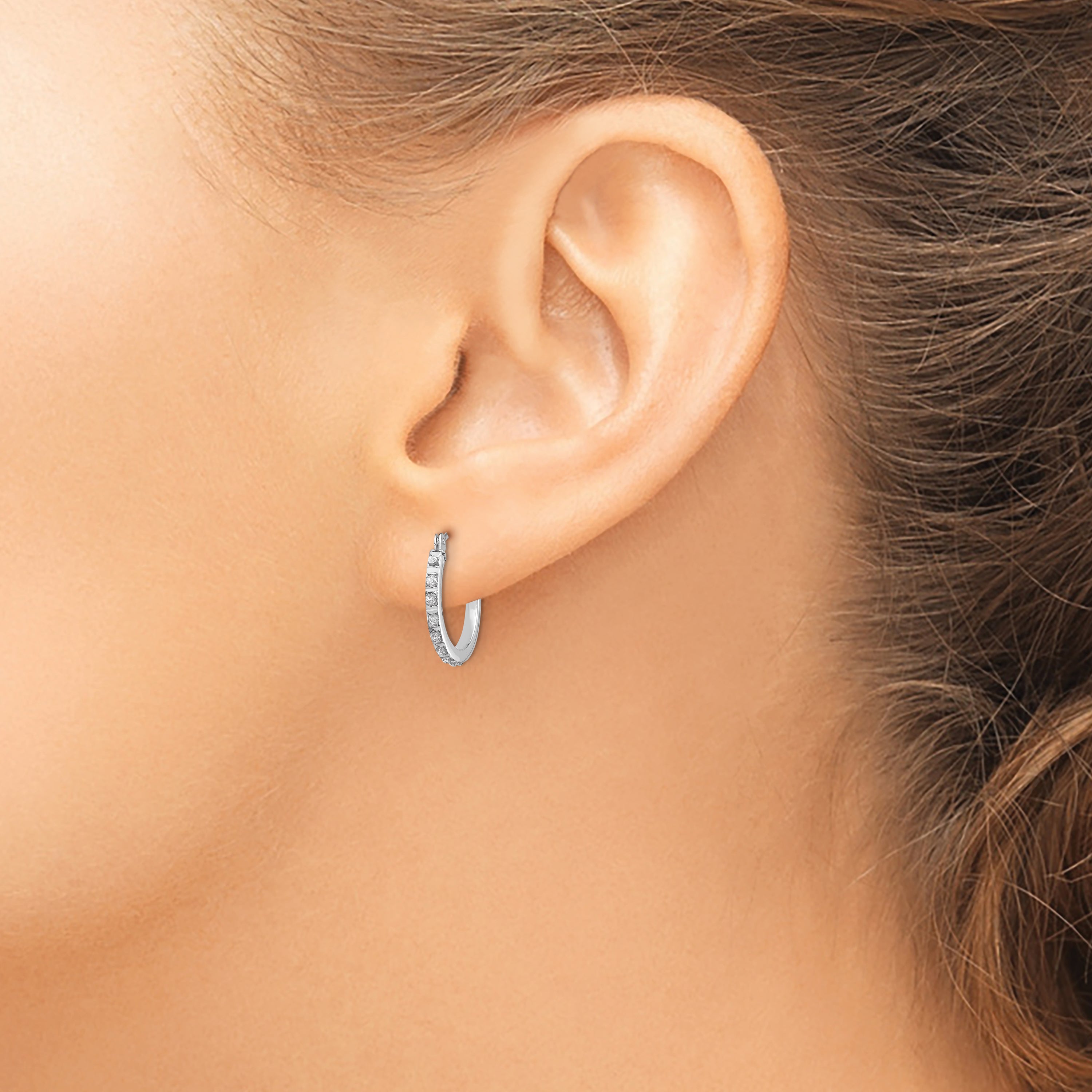 14K White Gold Diamond Hoop Earrings with Polished Rhodium Finish