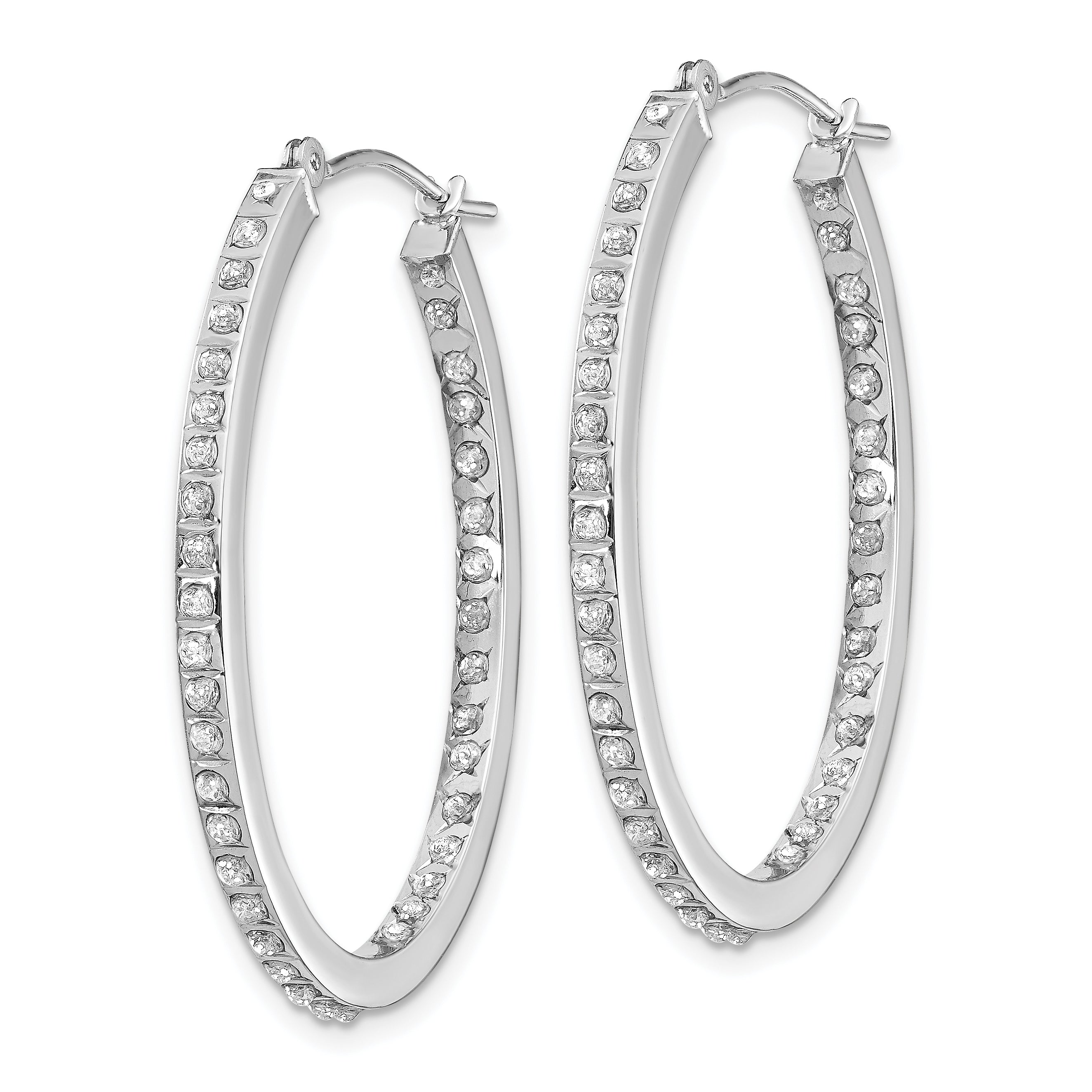 14K White Gold Diamond Oval Hoop Earrings with Polished Rhodium Finish