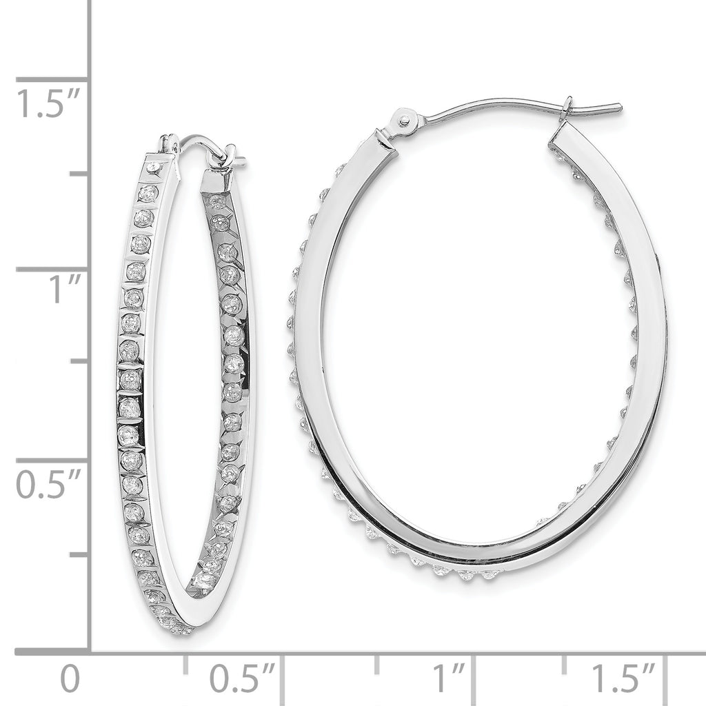 14K White Gold Diamond Oval Hoop Earrings with Polished Rhodium Finish