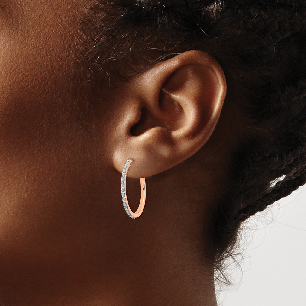 14K Rose Gold Diamond Hoop Earrings with Polished Finish, 25mm Elegant Design