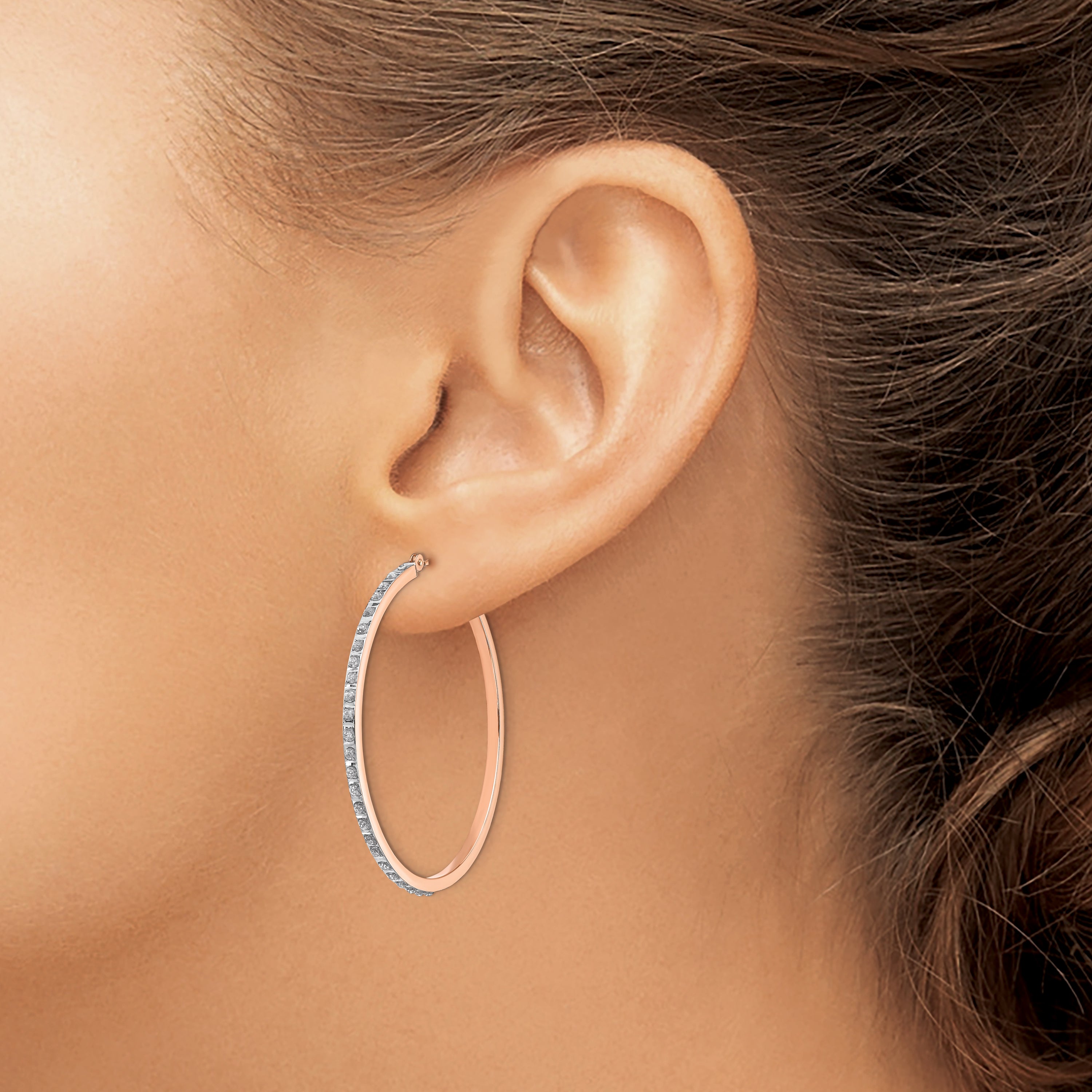 14k Rose Gold Diamond Fascination Round Hinged Hoop Earrings