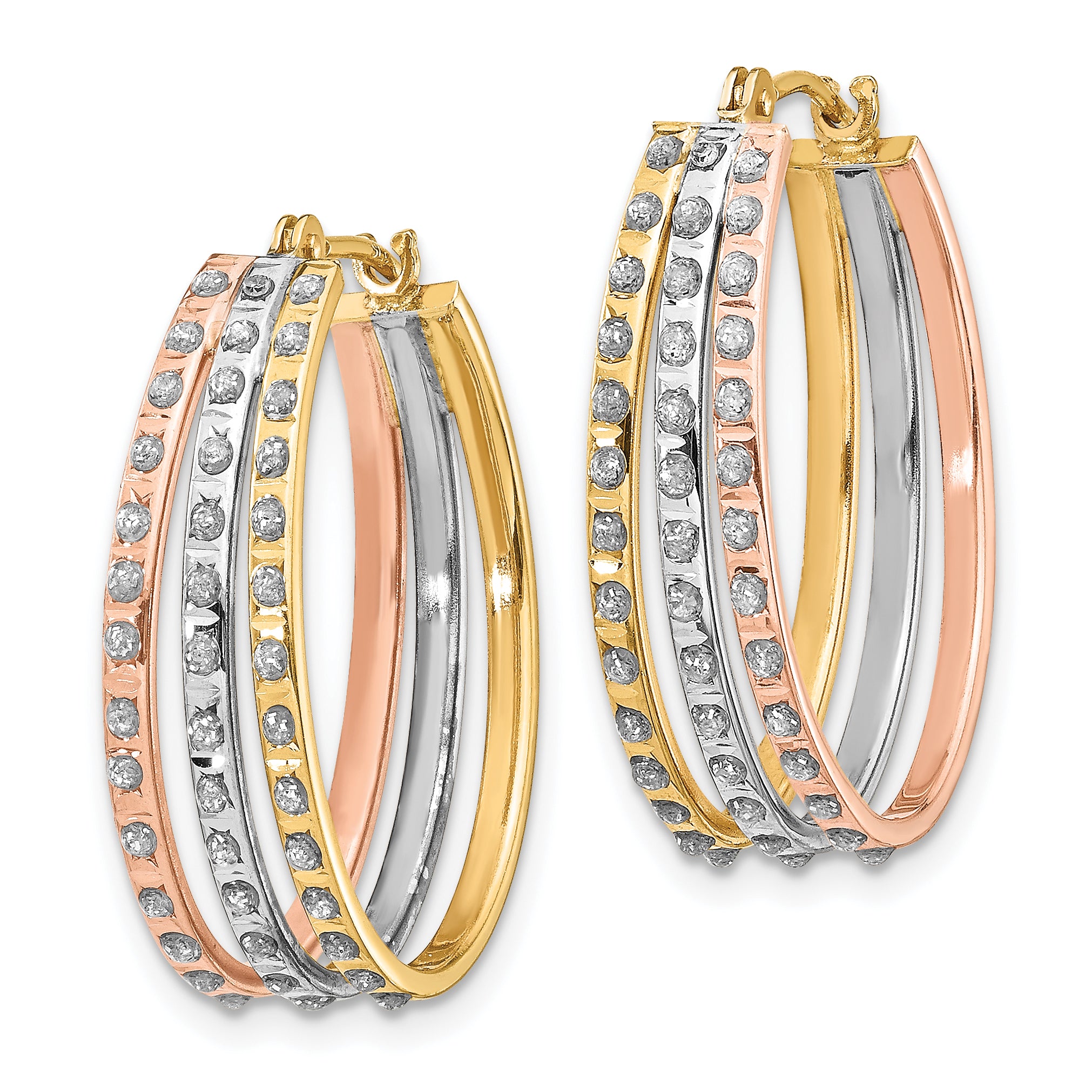 14k Tri-Color Diamond Fascination Three Oval Hoop Earrings