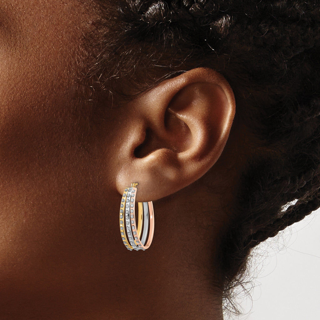 14K Tri-Color Gold Diamond Hoop Earrings with Polished Finish