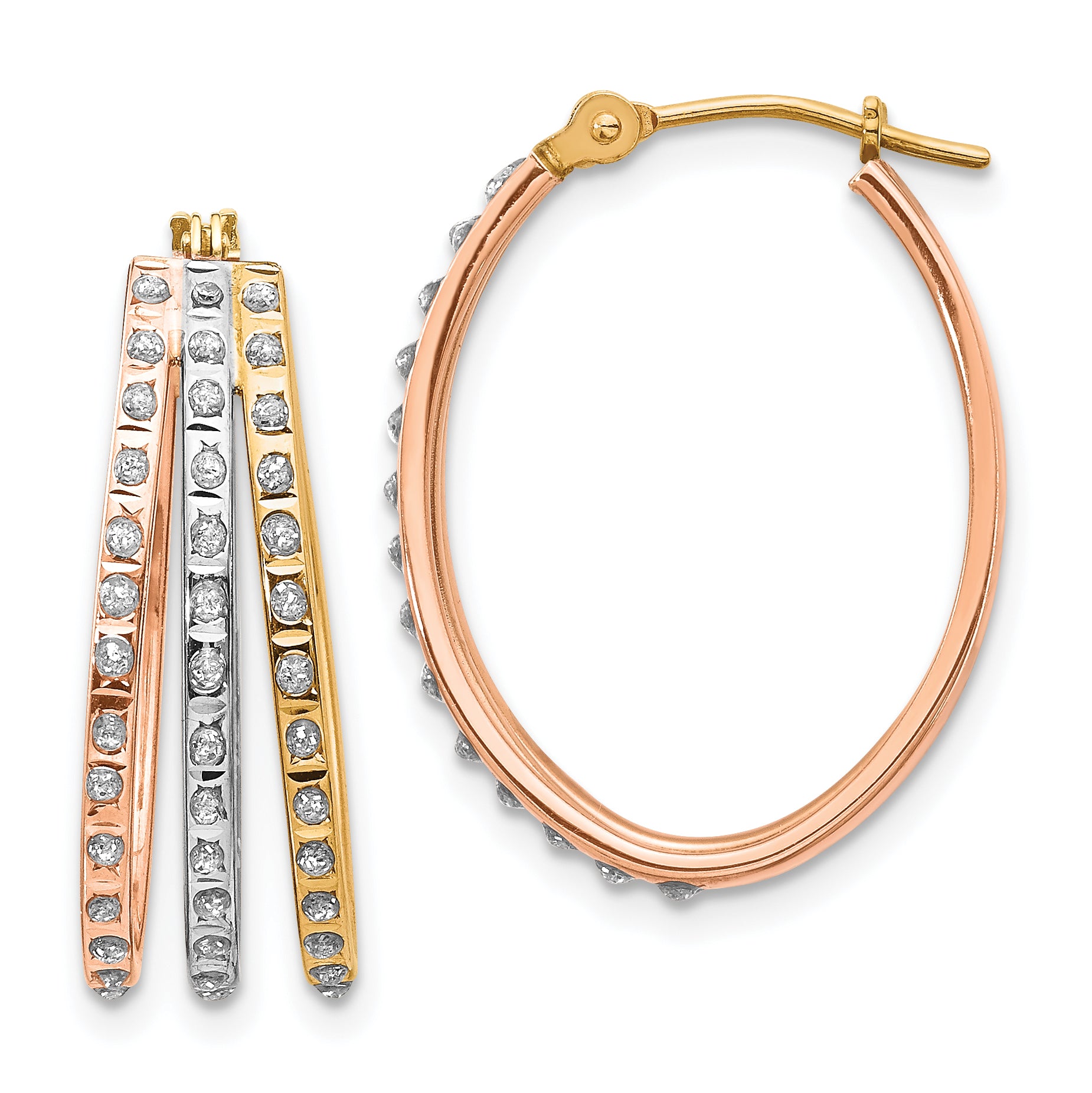 14k Tri-Color Diamond Fascination Three Oval Hoop Earrings Main image