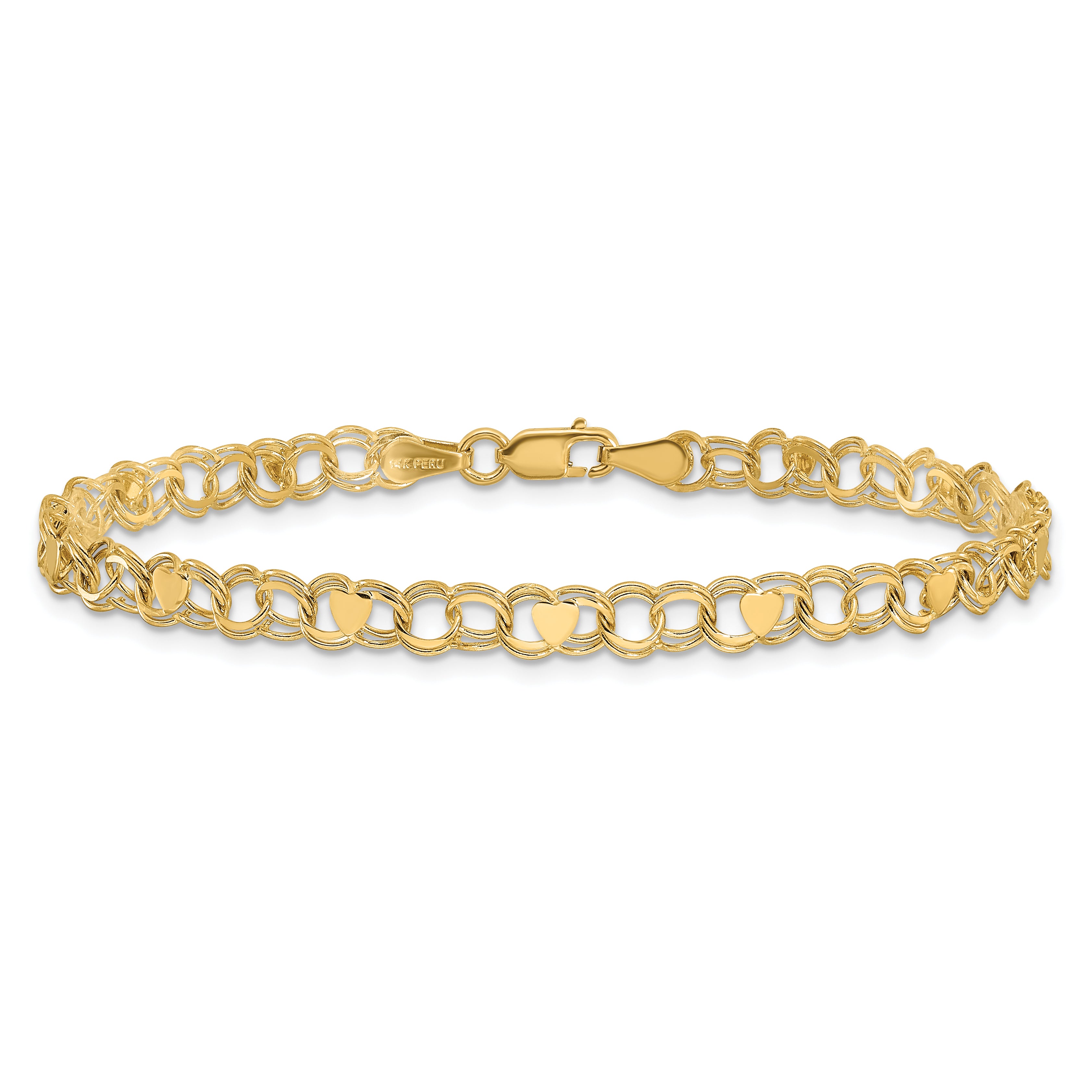 14k Double Link Heart Charm Bracelet