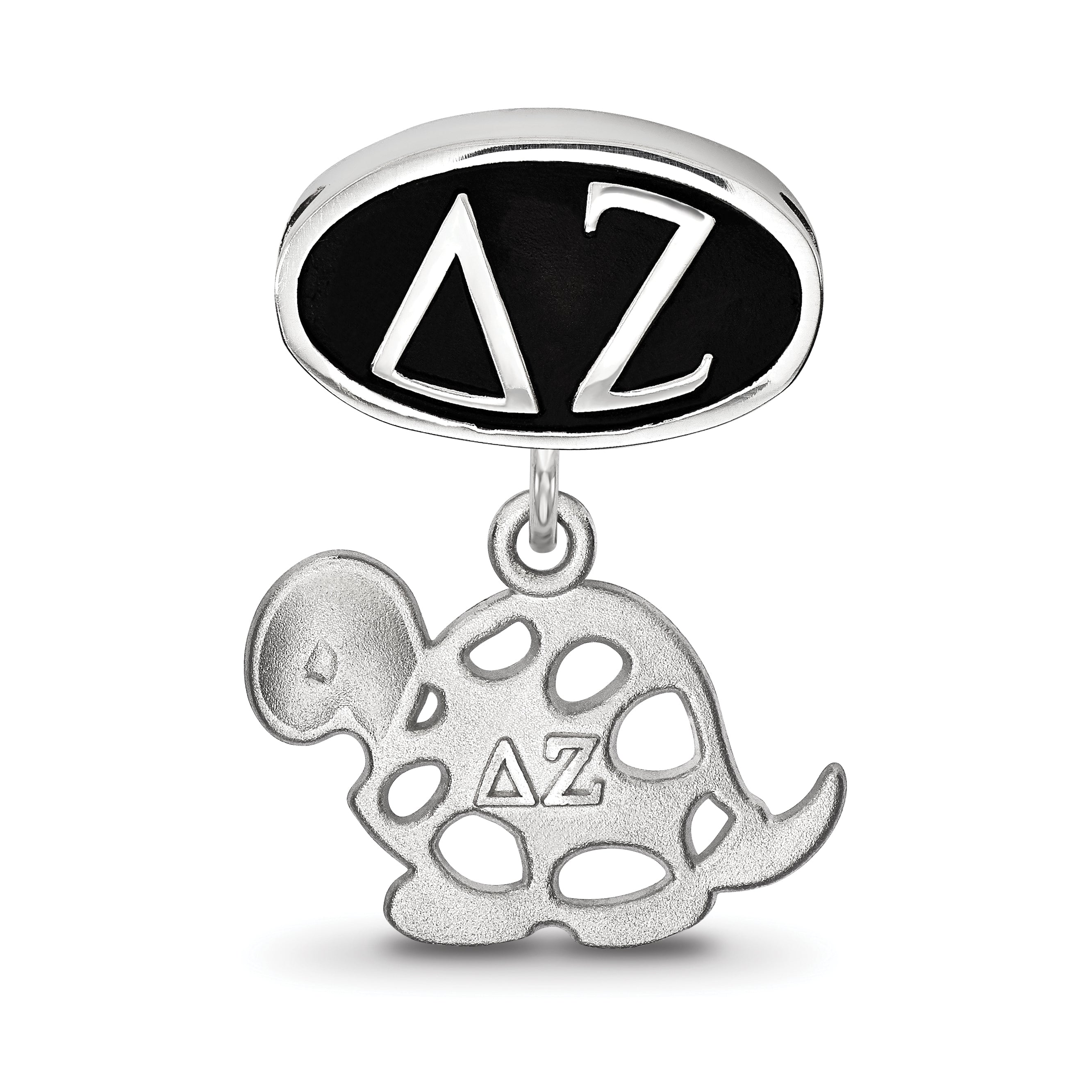 Sterling Silver LogoArt Delta Zeta Sorority Greek Letters Enameled Oval with Turtle Dangle Bead