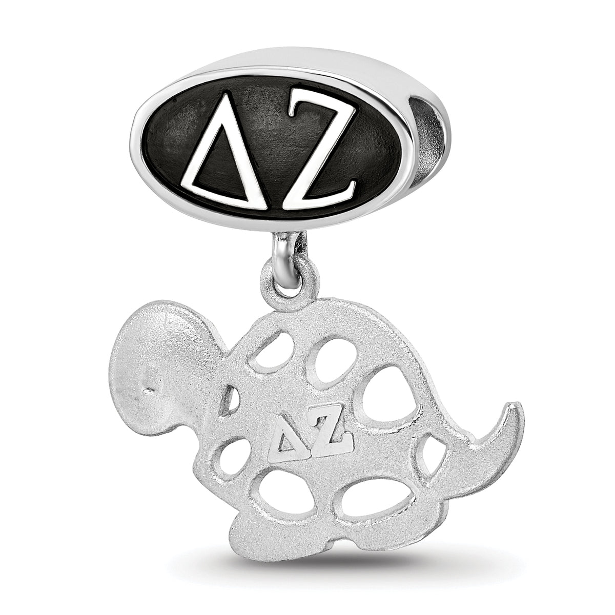 Sterling Silver LogoArt Delta Zeta Sorority Greek Letters Enameled Oval with Turtle Dangle Bead